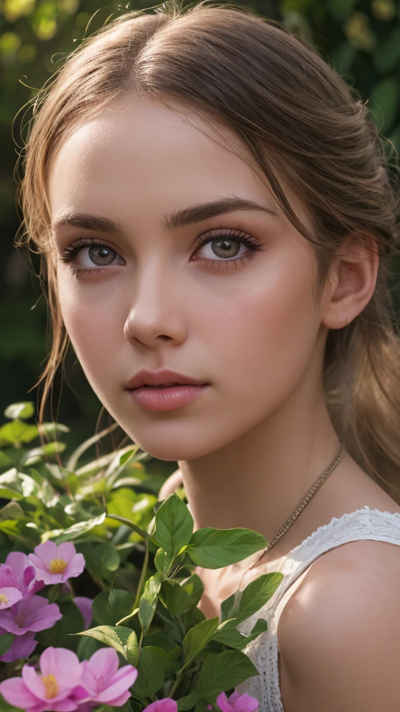 a heroic girl, beautiful detailed eyes, beautiful detailed lips, extremely detailed eyes and face, long eyelashes, elegant dress, graceful pose, sunlit garden, lush foliage, intricate floral arrangements, fantasy landscape, vibrant colors, dramatic lighting, cinematic composition, (best quality,4k,8k,highres,masterpiece:1.2),ultra-detailed,(realistic,photorealistic,photo-realistic:1.37),digital painting,concept art