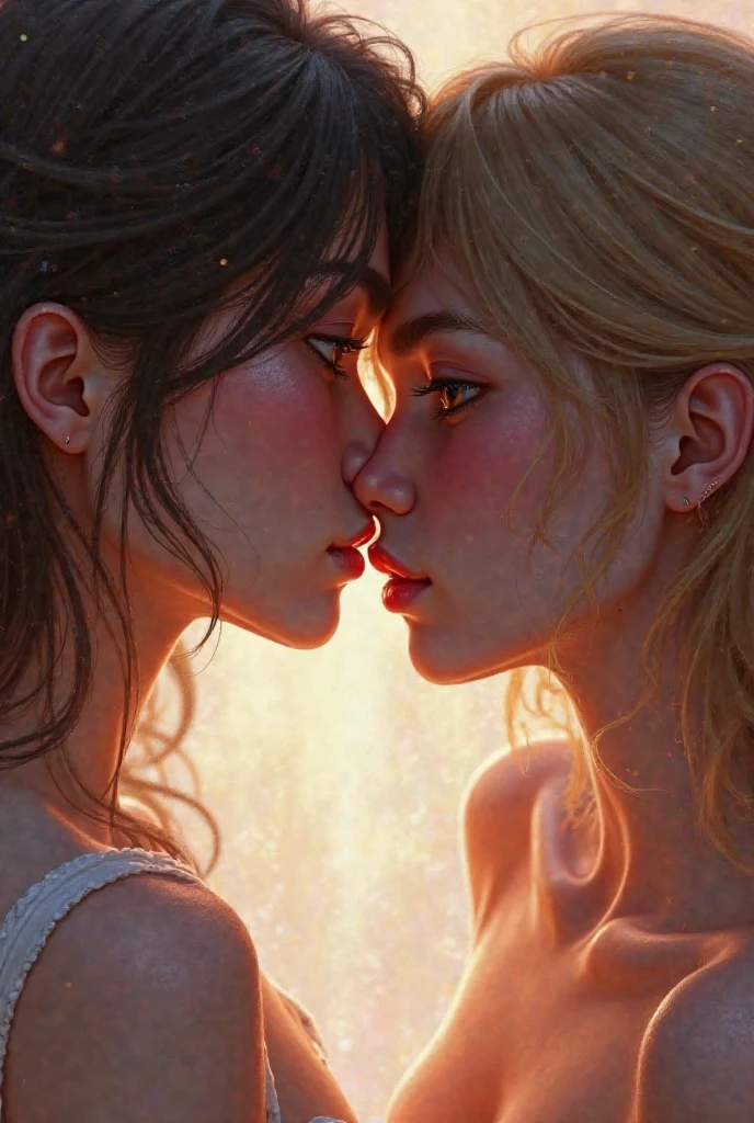 Make two girls looking from a distance, one of the girls is blonde and white, the girl is very white, while the other has black hair above her shoulders and is also very white... they look at each other with hidden desires