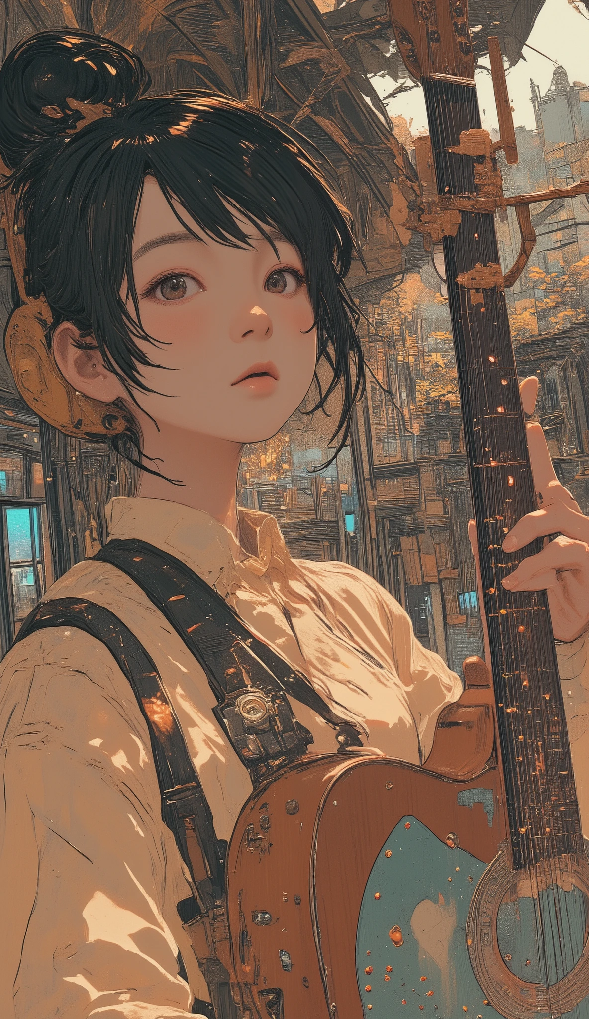 Fisheye 、Close up of a poster of a beautiful schoolgirl playing a guitar,full bangs、uniform、 Album cover by Sadamichi Hirasawa , dribble, Rayon Doctrine, Otomo manga, Set in 1992 in Japan , 90s japan, Otomo, tetsuo hara and katsuhiro Otomo, Satoshi - Con, peaceful atmosphere 、Fine hand、Woman's hand、anatomically correct、