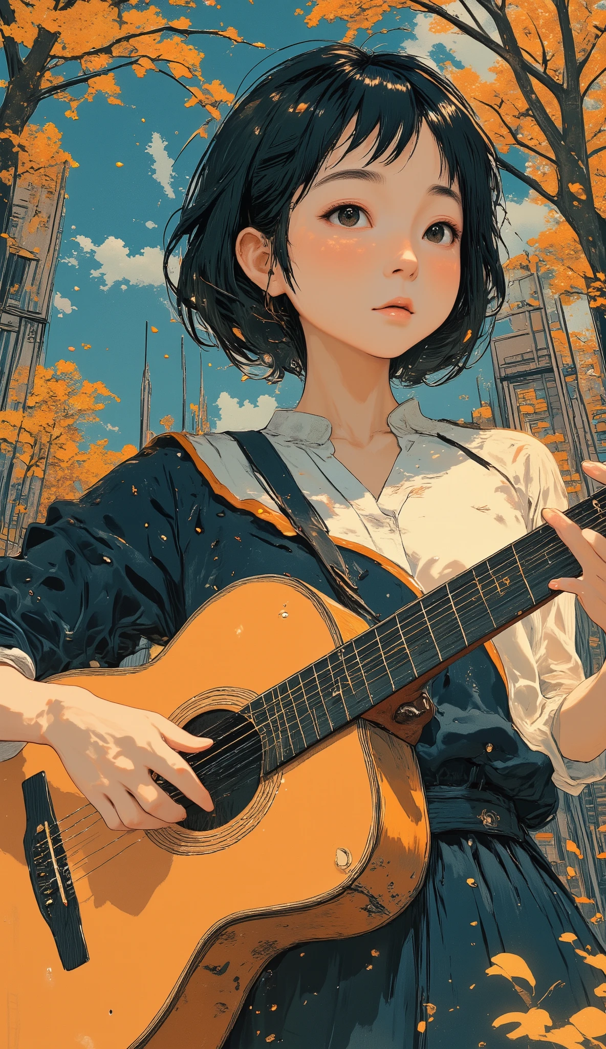 Fisheye 、Close up of a poster of a beautiful schoolgirl playing a guitar,full bangs、uniform、 Album cover by Sadamichi Hirasawa , dribble, Rayon Doctrine, Otomo manga, Set in 1992 in Japan , 90s japan, Otomo, tetsuo hara and katsuhiro Otomo, Satoshi - Con, peaceful atmosphere 、Fine hand、Woman's hand、anatomically correct、