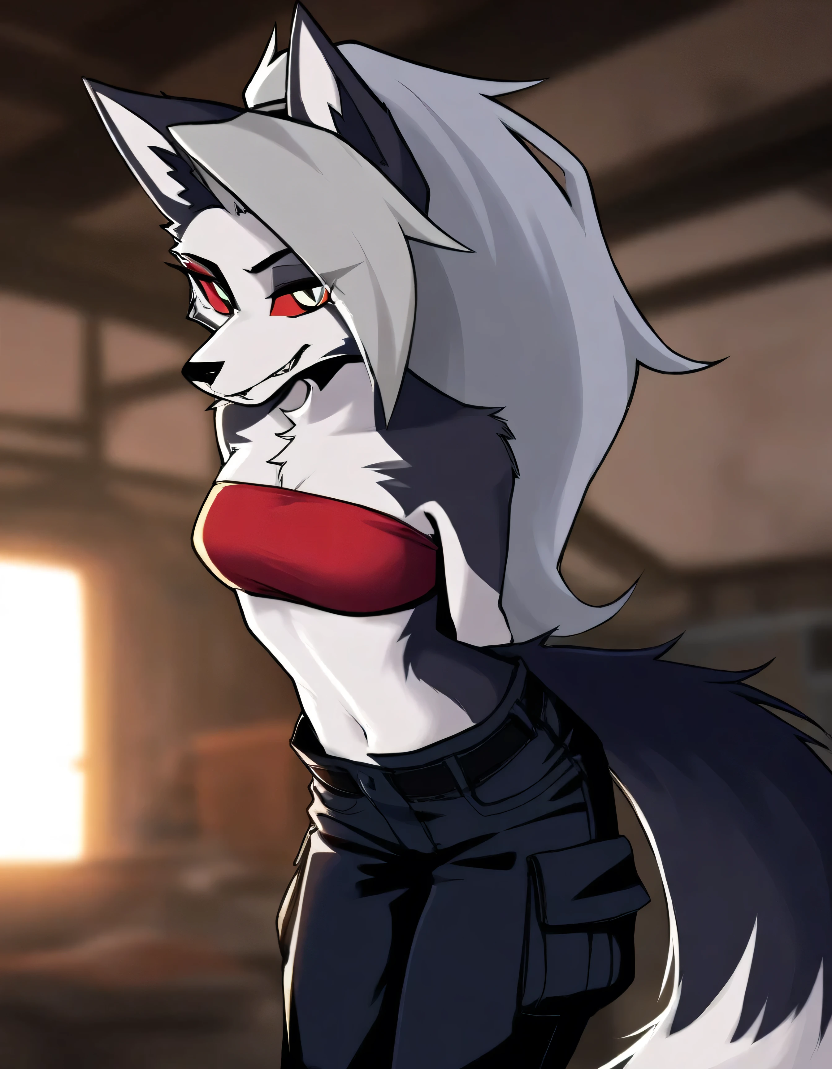 masterpiece,best quality,amazing quality,very aesthetic,high resolution,ultra-detailed,absurdres,newest,scenery,depth of field,volumetric lighting, bandeau, cargo pants, workshop, solo, 1girl, tail, cute girl, anthro_furry, close up,Loona Hellhound_\(HelluvaBoss\),Wolf Girl,White-Dark Gray Fur,Light Grey Hair,Red Scelera,Colored Scelera,Black Pupils,White Iris,Medium Tail
