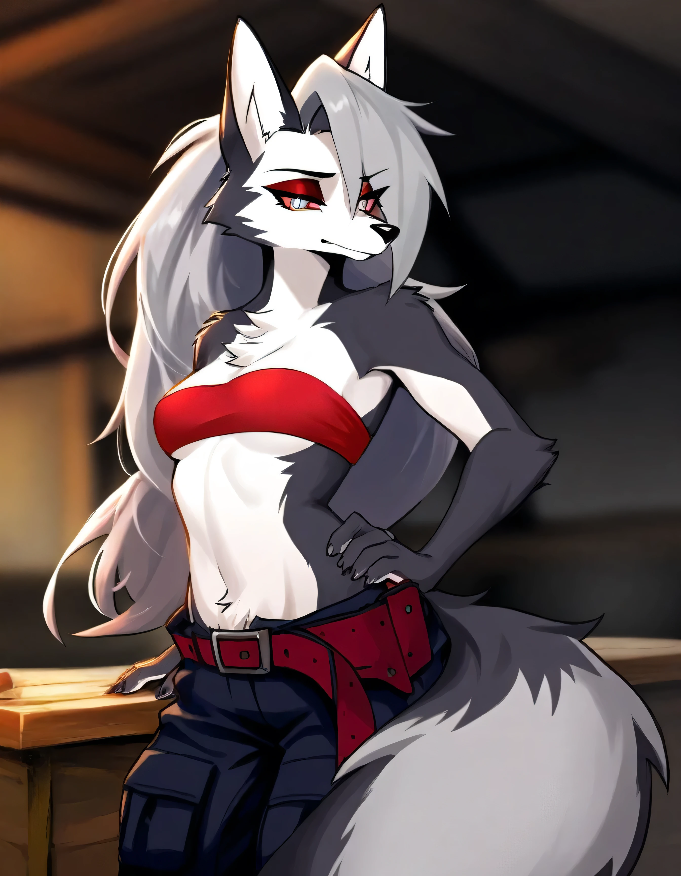 masterpiece,best quality,amazing quality,very aesthetic,high resolution,ultra-detailed,absurdres,newest,scenery,depth of field,volumetric lighting, bandeau, cargo pants, workshop, solo, 1girl, tail, cute girl, anthro_furry, close up,Loona Hellhound_\(HelluvaBoss\),Wolf Girl,White-Dark Gray Fur,Light Grey Hair,Red Scelera,Colored Scelera,Black Pupils,White Iris,Medium Tail