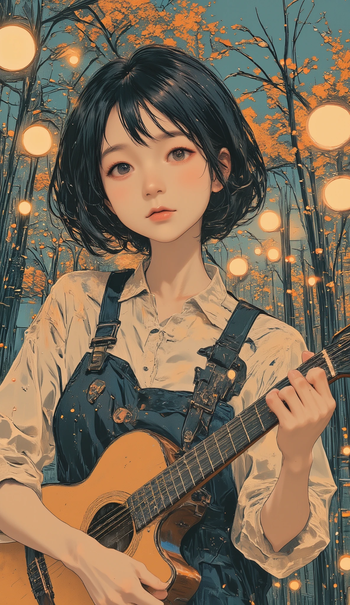 Fisheye 、Close up of a poster of a beautiful schoolgirl playing a guitar,full bangs、uniform、 Album cover by Sadamichi Hirasawa , dribble, Rayon Doctrine, Otomo manga, Set in 1992 in Japan , 90s japan, Otomo, tetsuo hara and katsuhiro Otomo, Satoshi - Con, peaceful atmosphere 、Fine hand、Woman's hand、anatomically correct、