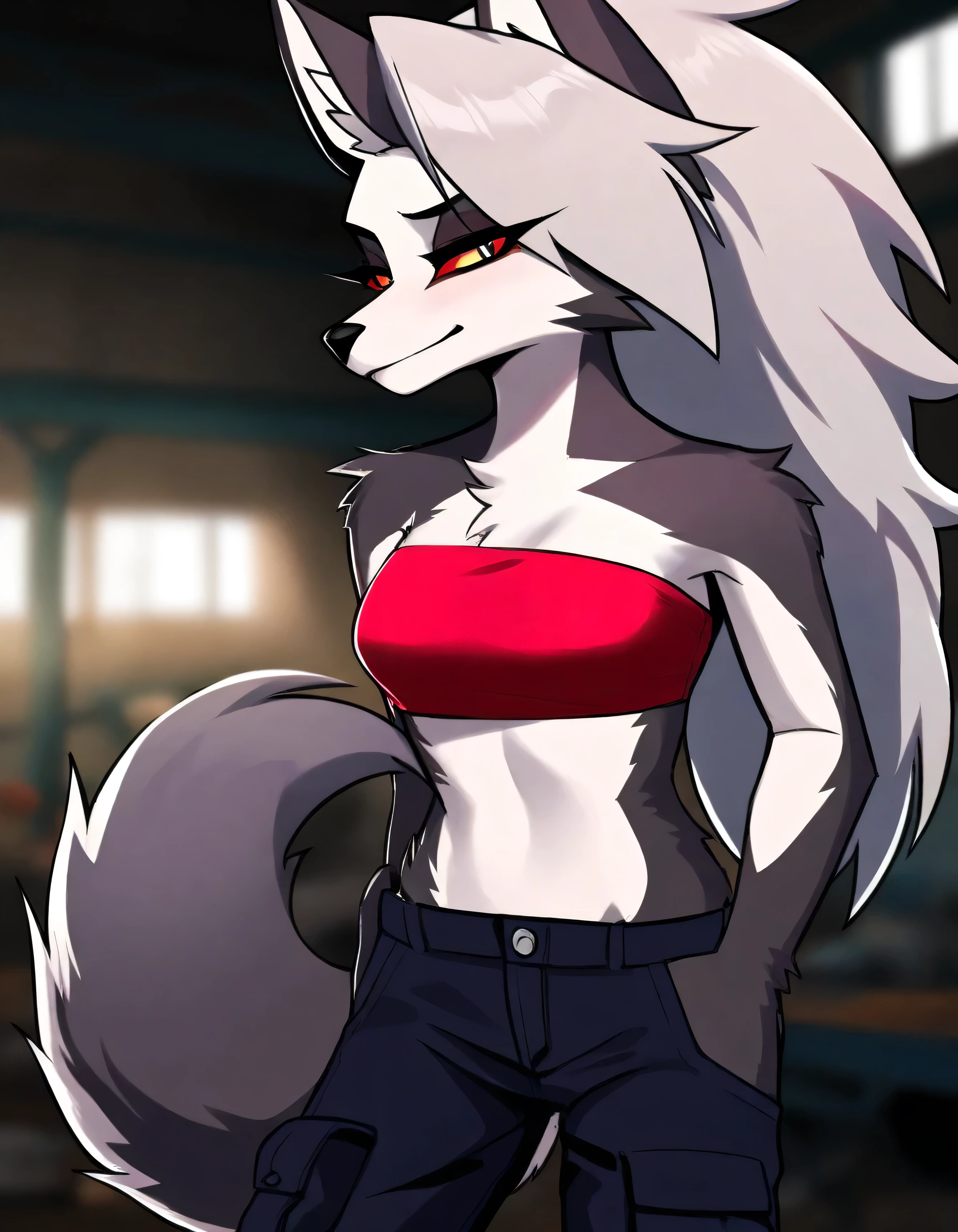 masterpiece,best quality,amazing quality,very aesthetic,high resolution,ultra-detailed,absurdres,newest,scenery,depth of field,volumetric lighting, bandeau, cargo pants, workshop, solo, 1girl, tail, cute girl, anthro_furry, close up,Loona Hellhound_\(HelluvaBoss\),Wolf Girl,White-Dark Gray Fur,Light Grey Hair,Red Scelera,Colored Scelera,Black Pupils,White Iris,Medium Tail