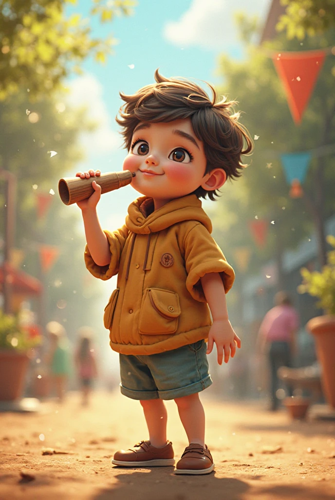 A boy with the height of a 1 girl, full body, moreno, with curly hair, with curled eyelashes and brown eyes but not so big, Smoking with his right hand and holding a volleyball spinning on the index finger of his left hand, with some converse tennis shoes, baggy pants and a white long sleeve shirt, with a vest over the white shirt (Let the image be realistic)