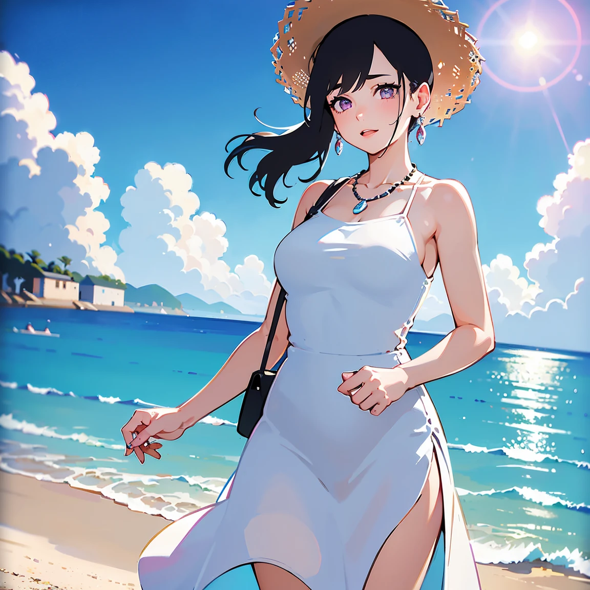 (((I want a woman, with brown skin, black hair and green eyes, a voluminous body and a big chest, wearing a white beach dress and a beautiful smile, wearing a large beige hat)))