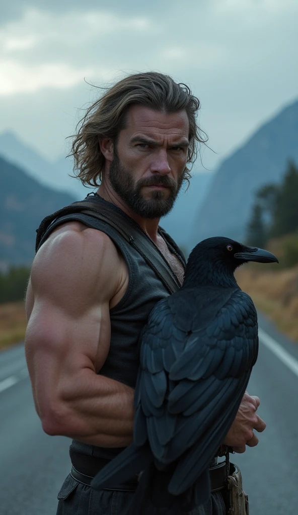 Handsome and naked man watching a black raven. Mountains behind of him. Image must be inspired by stories of Edgar Alan Poe. Mistery image. Realistic. Photography.