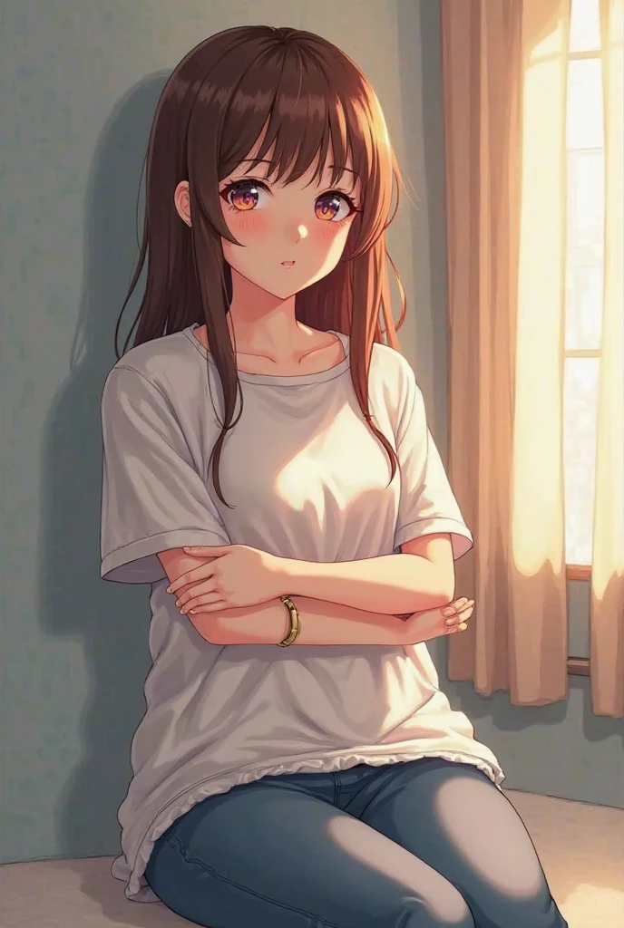(highest resolution, distinct_image) The best quality, a woman, masterpiece, highly detailed, semi realistic, 21 years old, cute, young, beautiful, naked oversized t-shirt, shirt tug, collar on neck, indoors, modern bedroom, window, waking up, morning, blushing