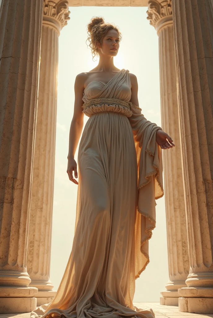 A woman representing the country Greece. Surrounded by Greece architecture