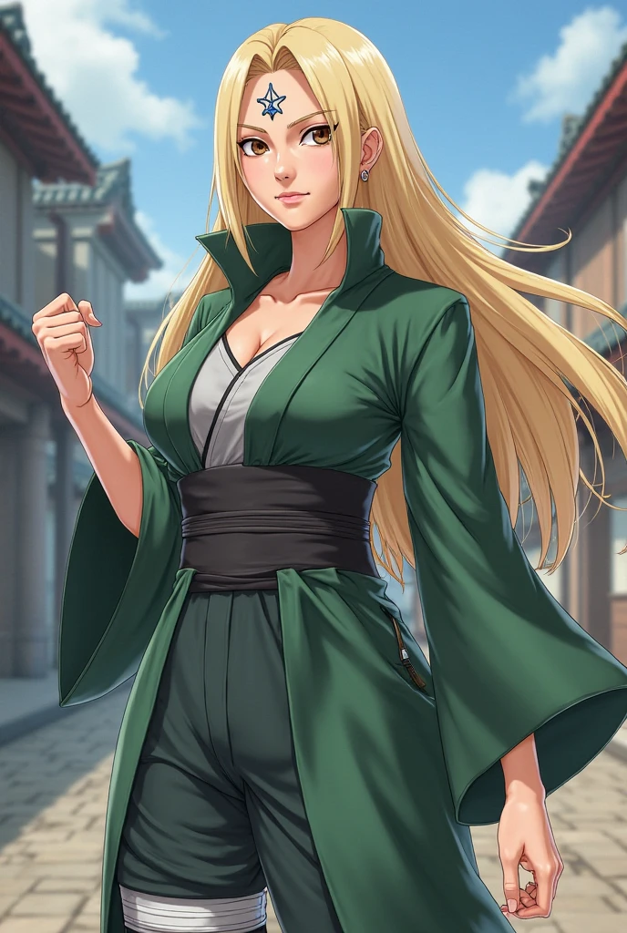 masterpiece, best quality, high contrast, professional photography, soft light, sharp focus, 1girl, smiling, tsunade, blonde hair, large breasts, mature female, blue pants, green coat, bandage on chest, beautiful brown eyes, neckline, large breasts --auto