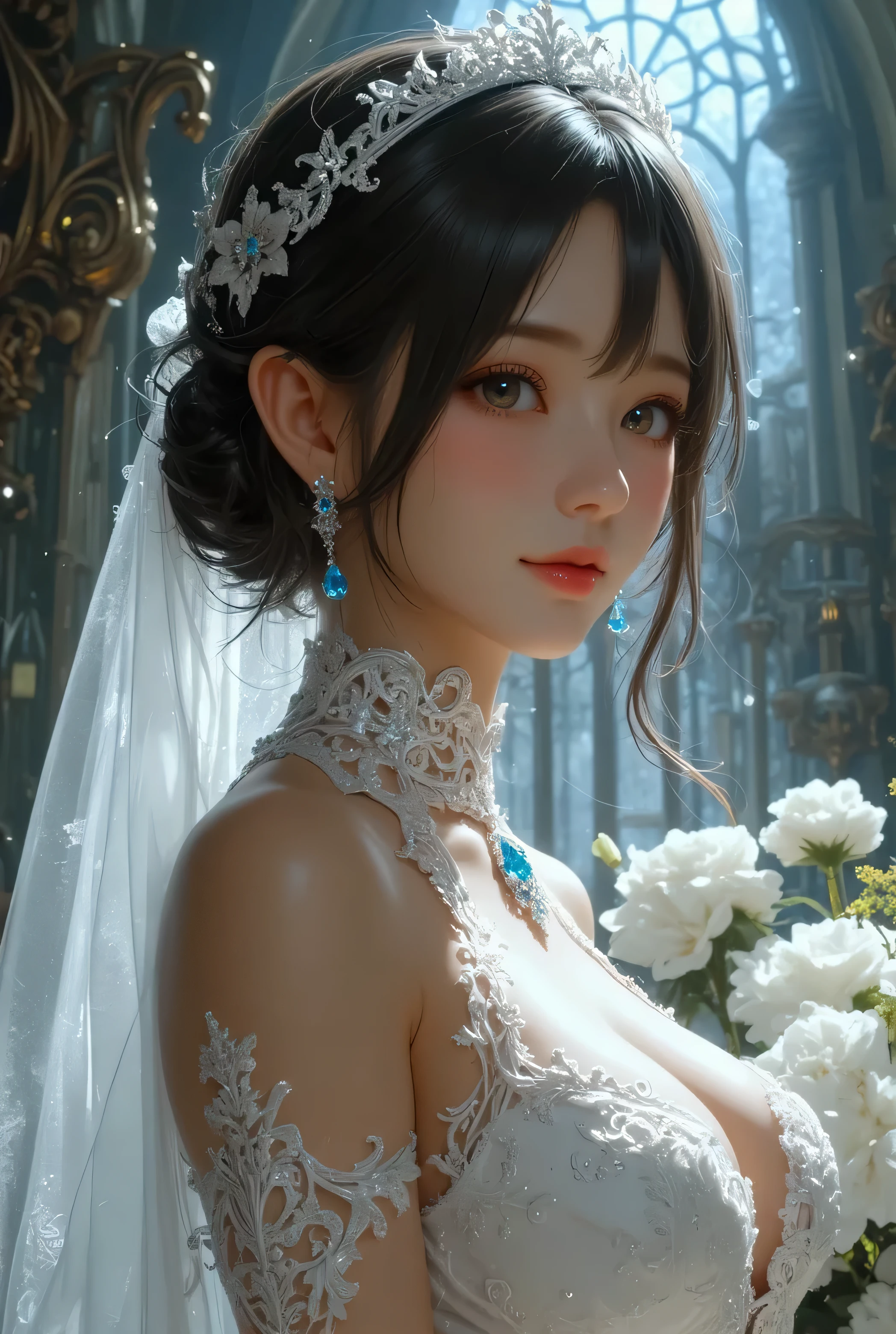 Lace bandeau wedding dress,Clear short veil,huge tit,necklace,earring,Head flower