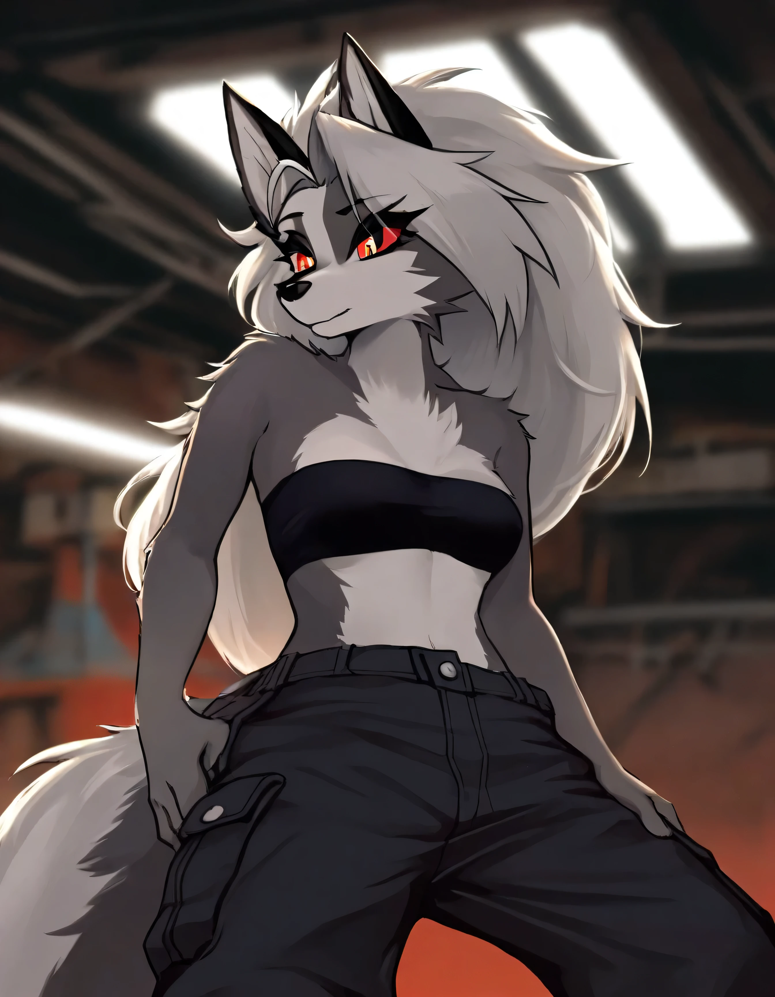 masterpiece,best quality,amazing quality,very aesthetic,high resolution,ultra-detailed,absurdres,newest,scenery,depth of field,volumetric lighting, bandeau, cargo pants, workshop, solo, 1girl, tail, cute girl, anthro_furry, close up,Loona Hellhound_\(HelluvaBoss\),Wolf Girl,White-Dark Gray Fur,Light Grey Hair,Red Scelera,Colored Scelera,Black Pupils,White Iris,Medium Tail