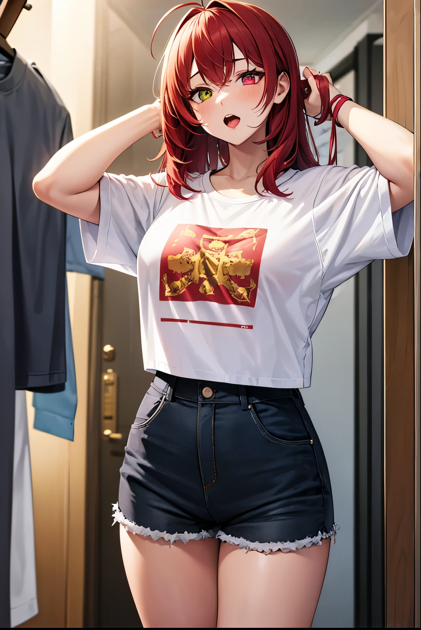 a woman, red hair, errant hair, medium hair, heterochromia, orange eyes:2.0, golden eyes:2.0, sharp eyes, straight hair, Monogram shirt T-shirt, oversized shirt, cowboy shot, small breasts, changing room , behind large window, Shorts, loose pants, young girl, college age, hands behind head, (mouth hold hair ties:1.3), ahoge, young adult, 25 years old, high tall,