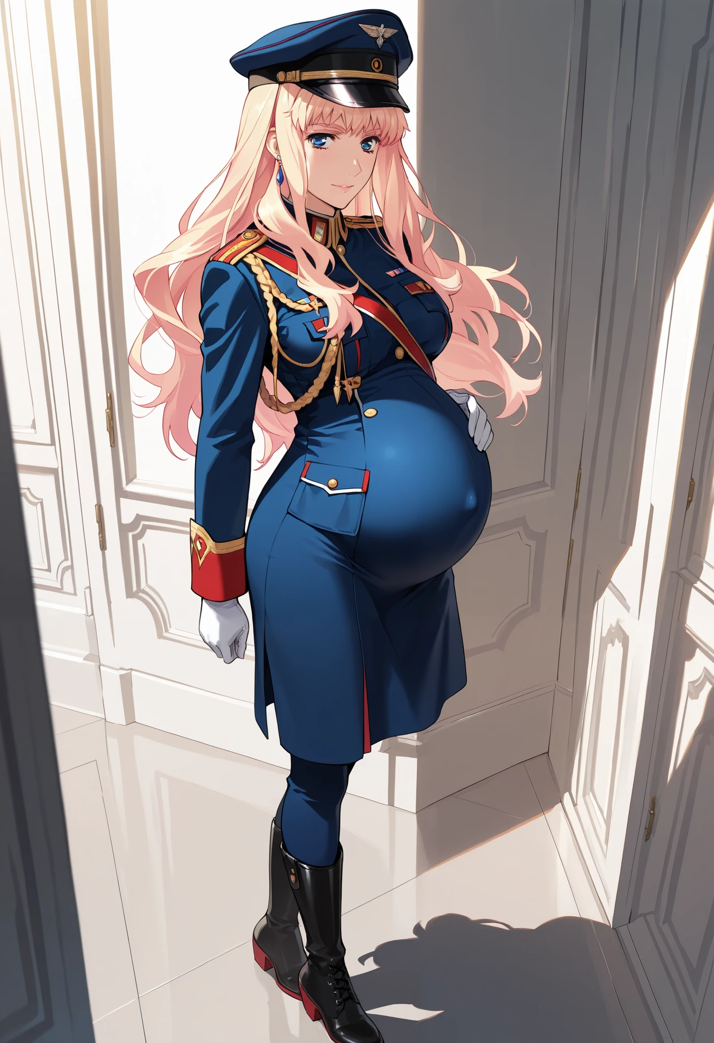 (masterpiece),(best quality),(ultra-detailed),(best illustration),(best shadow),(absurdres),(detailed background),(very aesthetic), sheryl nome, 1girl, solo, blonde hair, blue eyes, hat, earrings, jewelry, uniform, military uniform, military, gloves, single earring, boots, pregnant woman 