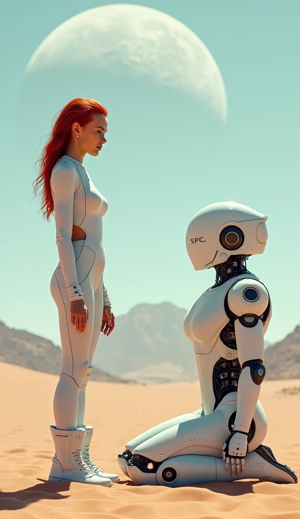 Photo of a red-haired girl wearing white high heels, standing over the kneeling cyborg man with a silver body and black face in a desert planet