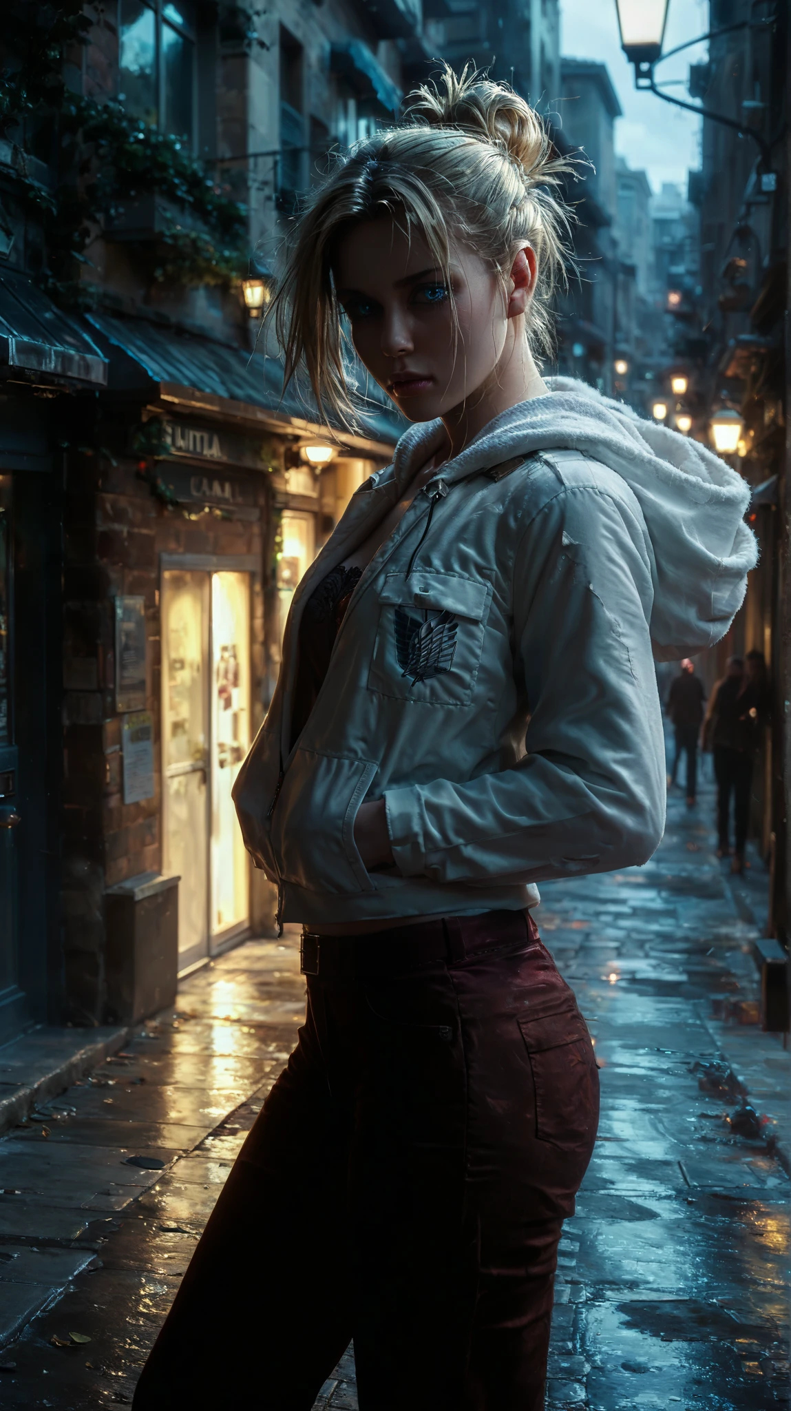 REALISTIC, ULTRA REALISTIC, PHOTOGRAPHY, perfect anatomy, masterpiece, best quality, Annie Leonhart from Attack on Titan, standing alone in the middle of an empty city plaza at night. The dim glow of streetlights casts long shadows on the cobblestone ground, reflecting off the damp pavement from a recent rain. She wears her signature white hoodie, slightly unzipped, revealing her Survey Corps uniform beneath. Her blonde hair is tied back in a loose bun, a few strands framing her cold, calculating blue eyes. Her expression is unreadable, a mix of contemplation and quiet tension. The surrounding city buildings are tall and dark, some windows faintly illuminated, but no signs of life. The silence of the night is overwhelming, broken only by the distant hum of the wind. She stands motionless, her fingers subtly curled, as if ready to act at any moment