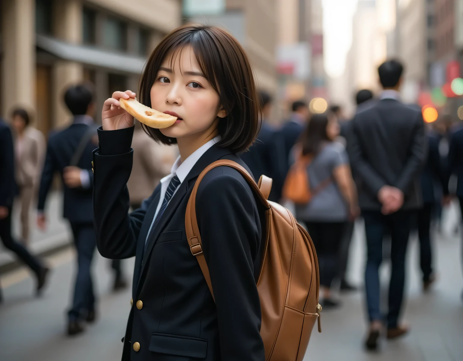 Dramatic Scene, shadow, Global Illumination, alone, Photo of a female student:1.331, realistic, Beautiful Japanese woman's face, On a downtown street:1.5, She's running in a hurry:1.5, side view :1.8, very realistic photo, super real, photorealistic, perfect anatomy:1.21, small head:1.21, Toasted breadを口に入れてます:1.5, Slightly toasted bread, Portrait of a Japanese woman:1.21, A plain blazer uniform from a famous high school in the city, Black blazer:1.331, white shirt:1.21, Black thin loop ribbon :1.331, black pleated skirt, carrying a school backpack based on warm colors , black hair:1.21, bob cut hair:1.21, Beautiful Japanese woman's face without makeup:1.21, Detailed Iris, Sharp eyebrows:1.37, detailed faces, Glowing Skin:1.21, There are many passers-by in the background, Please add blur and motion blur to anyone other than her:1.331, Silky Screen, Dynamic and cinematic lighting shines,