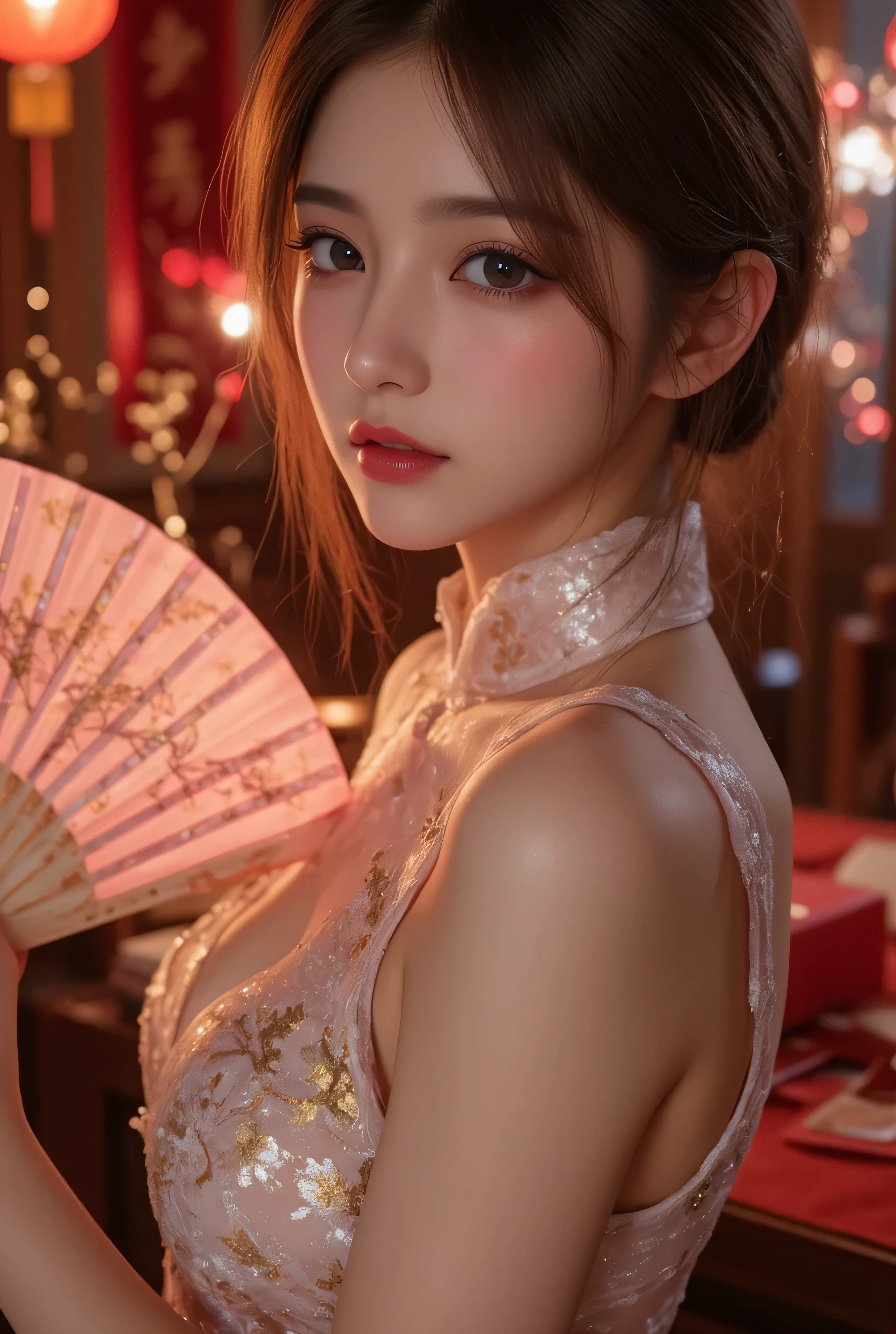 Cat ears、 face up, attractive, pretty girl, ponytail、 (( fine facial features , eroticism)), dramatic lighting , realistic , 8k, Dramatic Shadows , intricate and elaborate patterns , super detailed photo , chiaroscuro lighting , Pleasant colors , deep contrast , super real 、 pink lipstick、 warm room、Vintage Fireplace 、 cinematic composition、Close-up of face, pretty half part transparent open shoulder loose outfits dress, tang style, A beautiful Korean idol wearing a one piece red- black tightly cheongsam with phoenix and intricate floral golden embroidery, golden and silver outline on dress, hand hold pink feathers transparent Chinese fan with golden ink painting of bird and tree , standing gracefully in a room filled with traditional Chinese New Year decorations. The room features vibrant red lanterns, decorative calligraphy scrolls, a small Chinese orange tree with golden ornaments, and several red envelopes scattered across the floor and hanging from the tree. Adorable, playful cats are part of the scene—some sitting near the tree, others curiously pawing at the red envelopes or lounging around. Through a window or an open door in the background, vibrant Chinese fireworks light up the night sky in an array of reds, golds, and blues, casting a magical glow into the room. The idol’s outfit is paired with subtle accessories like red hairpins or earrings, complementing the festive look. The atmosphere is warm and lively, filled with the joyful essence of the celebration, enhanced by the shimmering lights of the fireworks and the lively decor.