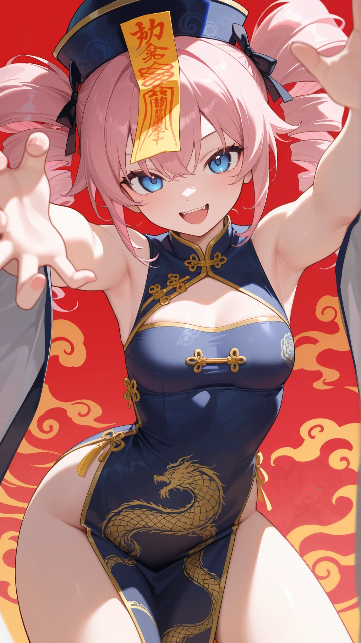 one girl,outstretched arms,claw pose,looking at viewer,Jiang5hi, talisman, fulu_on _head, pale, chinese_clothes, Ofuda, talisman on head,smile,open mouth, blue eyes,pink hair,twin drills,F cup breasts,detailed armpit,Hi-Res, top quality, Japanese illustration style,(masterpiece,detailed:1.6)