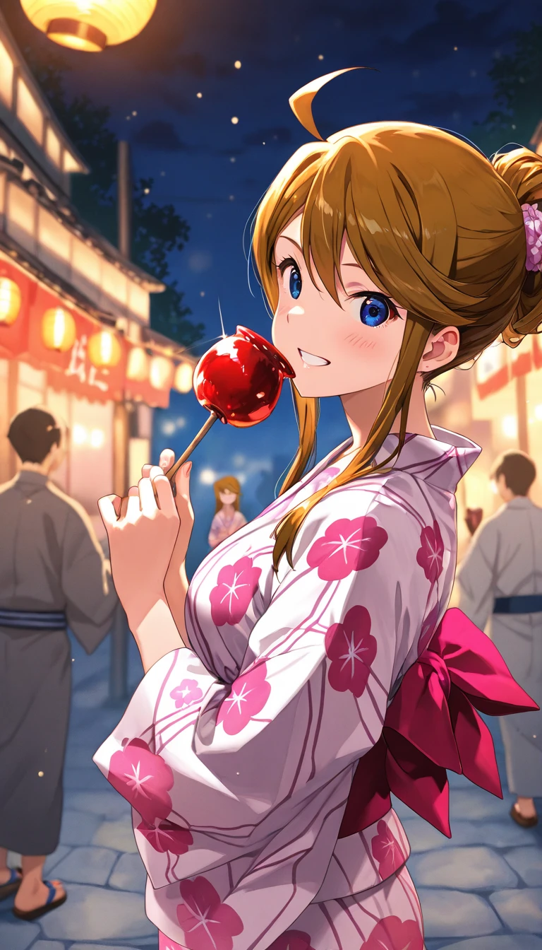 Angle from behind、Brown hair braided down twin tails、Candy apples、Elementary school girl、Summer festival、color々Location、fidgety、Candy applesにキス、Smiling and drooling、Small breasts sway、shake、shake、Open-chested yukata、Browsing Caution、