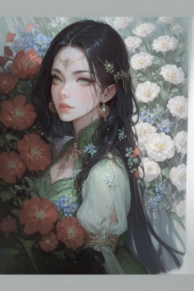 （（Gorgeous 18-year-old princess）），（She has long flowing green seaweed-like hair），（Bright and beautiful eyes），trendding on artstation，Flowers of hope，ultra-detailliert，insanely details, Amazing, complex, elite, Art Nouveau, a gorgeous, Dreamy，Liquid wax, Luxurious, Ink style, a sticker, Vector art beautiful character design, Dual exposure shooting, Luminous design, winning artwork, tmasterpiece, AMOLED black background,optic