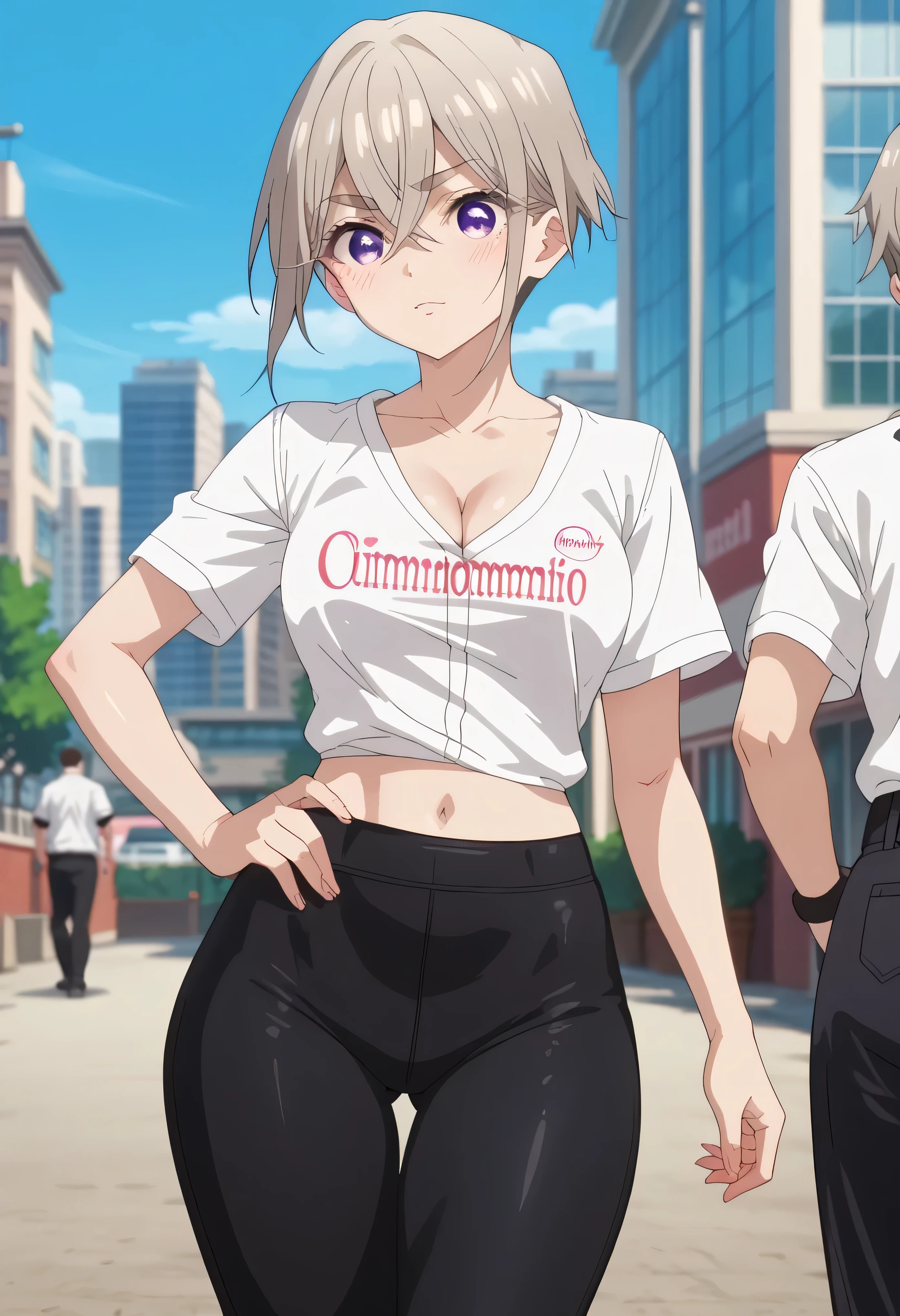 iku sutou, short hair, purple eyes, grey hair, uniform anime screencap, city, wide hips, thighs, tight baseball pants, cleavage, navel, tight baseball shirt