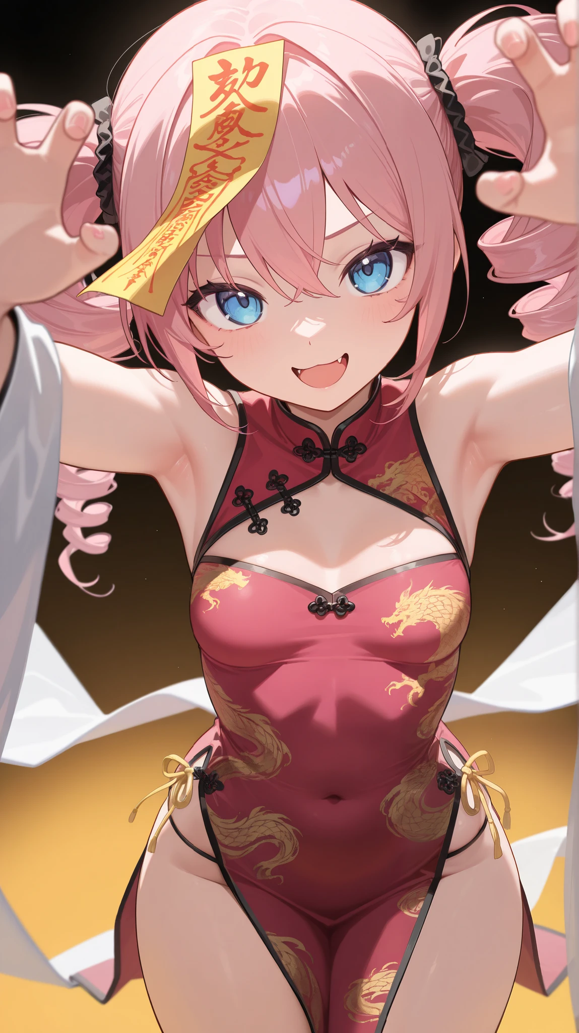 one girl,outstretched arms,claw pose,looking at viewer,Jiang5hi, talisman, fulu_on _head, pale, chinese_clothes, Ofuda, talisman on head,smile,open mouth, blue eyes,pink hair,twin drills,F cup breasts,detailed armpit,Hi-Res, top quality, Japanese illustration style,(masterpiece,detailed:1.6)