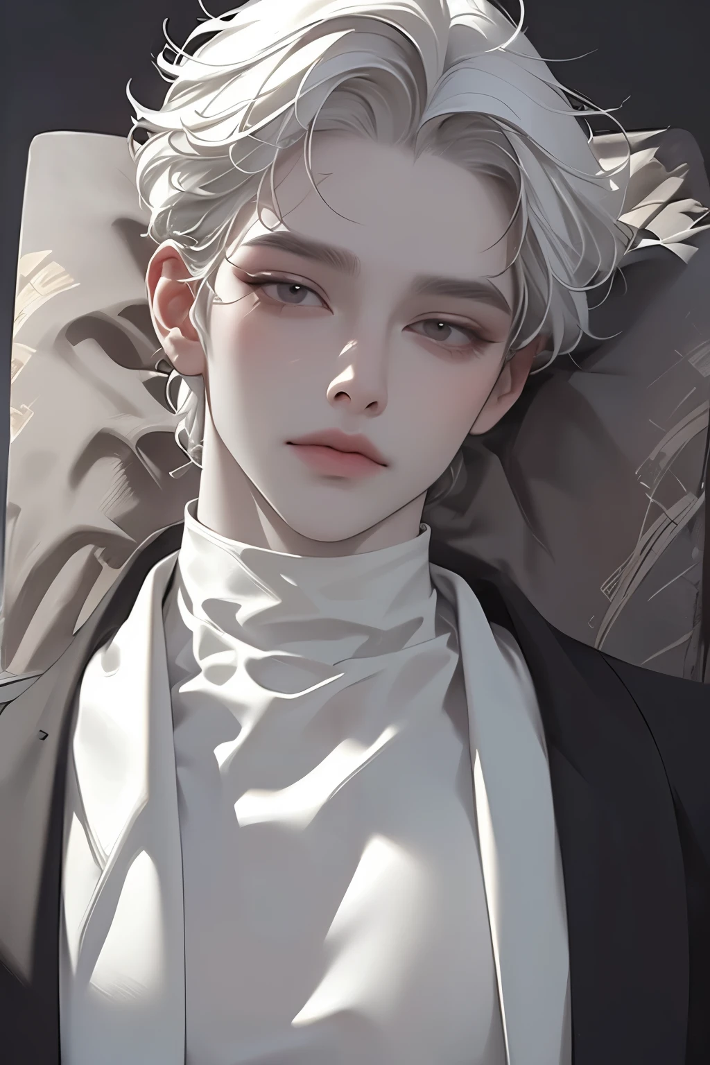 impasto, adult male, short hair, masterpiece, best quality, 1 man , white hair, bangs cover eyes, perfect face , black eye, handsome male , Alone, pale skin , upper body , delicate line drawing,Extremely detailed , a faint smile, black turtleneck, kimono,