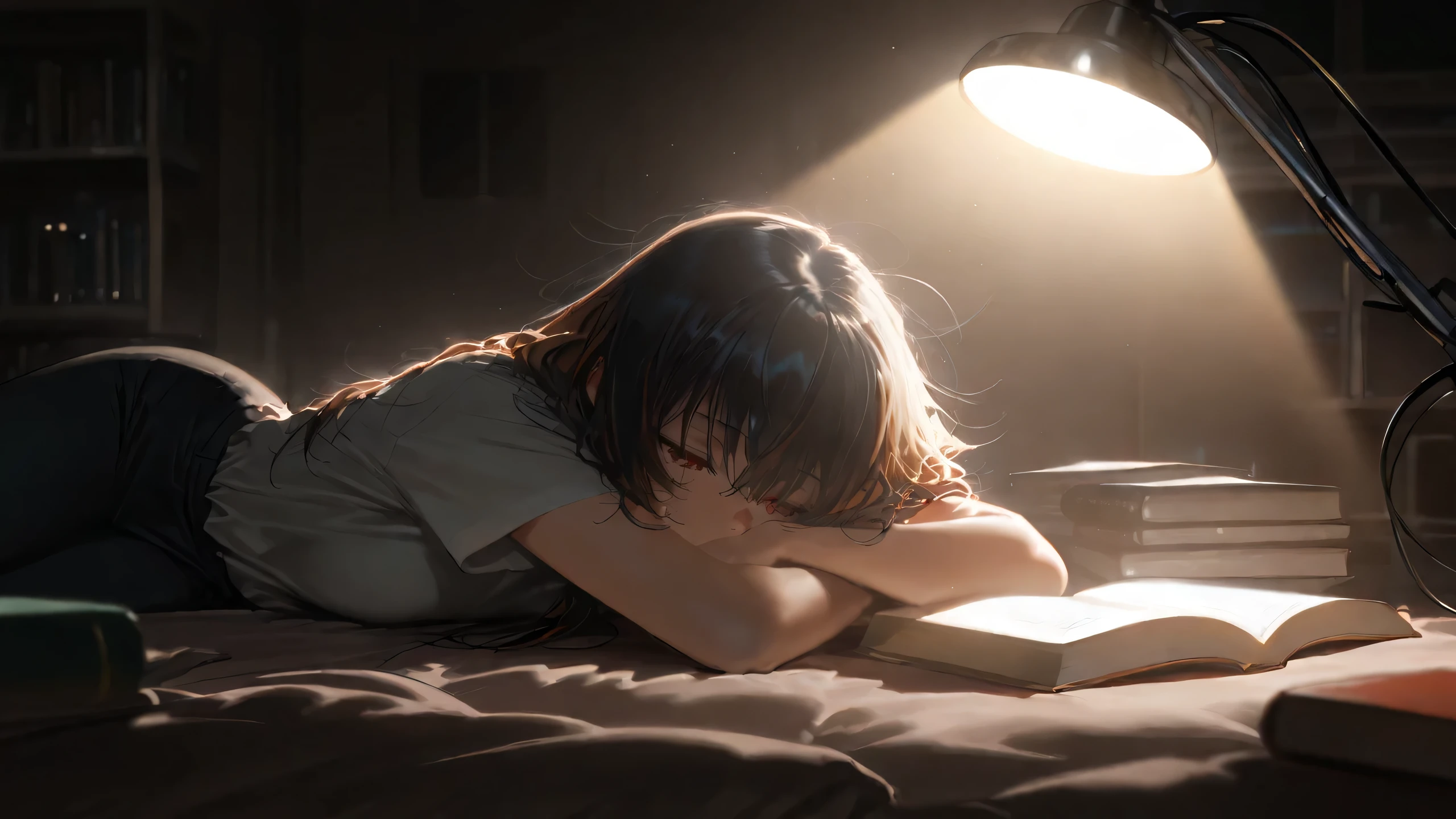 (( masterpiece, )), high resolution,  8,000, movie lights,  high contrast ,book,stress ,read,night,anxiety