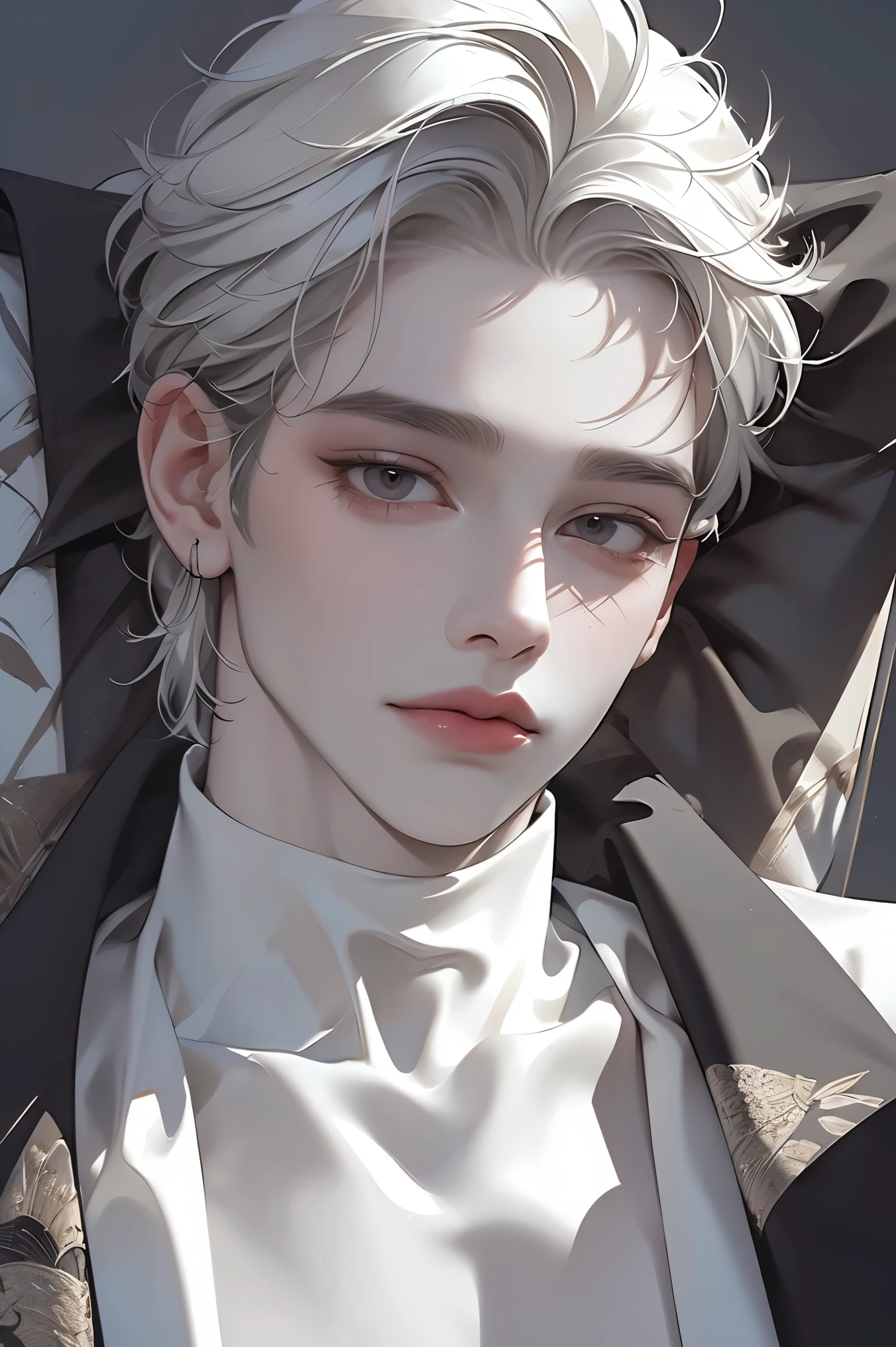 impasto, adult male, short hair, masterpiece, best quality, 1 man , white hair, full bangs, perfect face , black eye, handsome male , Alone, pale skin , upper body , delicate line drawing,Extremely detailed , a faint smile, black turtleneck, kimono,