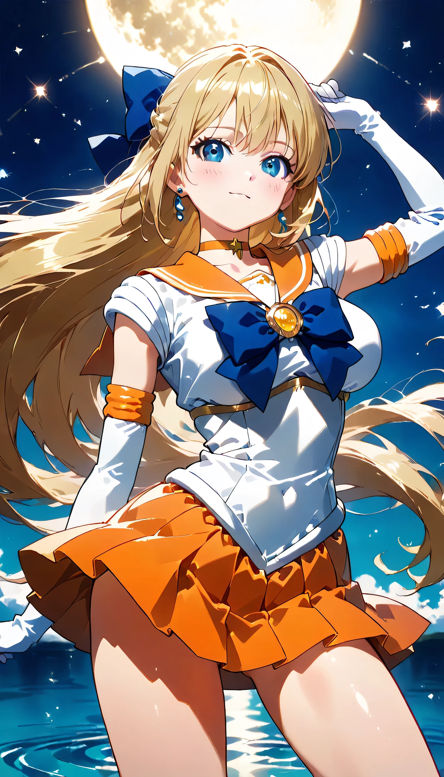 ((ultra-detailed)), (highly detailed CG illustration), (best quality:1.2), ultra-highly detailed, colorful composition, artistic photoshoot, ((1 girl:1.4)), ((solo focus:1.4)), ((thigh to top:1.4)), ((cowboy shot:1.4)), moe anime character, age girl, dainty facial structure, (baby face), (round face), ((rounded chin:1.2)), celia-default, celia claire, (blue eyes), ((close one eye)), ((bronde hair color)), ((long hair)), ((hair blowing in the wind)), ((aavenus)), ((hair ribbon with red:1.4)), ((tiara)), ((earring)), ((orange choker)), ((orange sailor collar)), ((blue ribbon)), ((white shirt)), ((elbow gloves)), ((white gloves)), ((pleated skirt)), ((orange skirt)), orange heels, barefoot, Panties, ample breasts, ((smile:1.2)), ((blush:1.2)), ((looking viewer)), ((night)), ((the Crescent moon shines beautifully)), from front, ((raise your right hand)), magical girl, Sparkling magical effects, Colorful Galaxy, magical sky, ((dynamic pose)), ((contrapposto pose:1.4)), best quality, masterpiece, expecting, pink cheek, blush, light pink gloss slip, portrait, depth of field, soft lighting, sidelighting, (shine), lighting, caustics, ray tracing, smile, perfect face, lustrous skin, highly detailed face, highly detailed eyes, perfect face, perfect nose, perfect hair, perfect eyes, perfect anatomy, beautiful hair, beautiful small face, extremely detailed face, beautiful detailed eyes, beautiful clavicle, beautiful body, beautiful huge breasts, leavage, breasts squeezed together, equalize the size of the left and right breasts, beautiful thin thighs, beautiful legs, beautiful fingers, 4 fingers, 1 thumb, lovely, (very detailed background:1.0), (highly detailed background:1.0), spring aesthetic, intricate details, night atmosphere, moon night colors palette, chromatic aberration