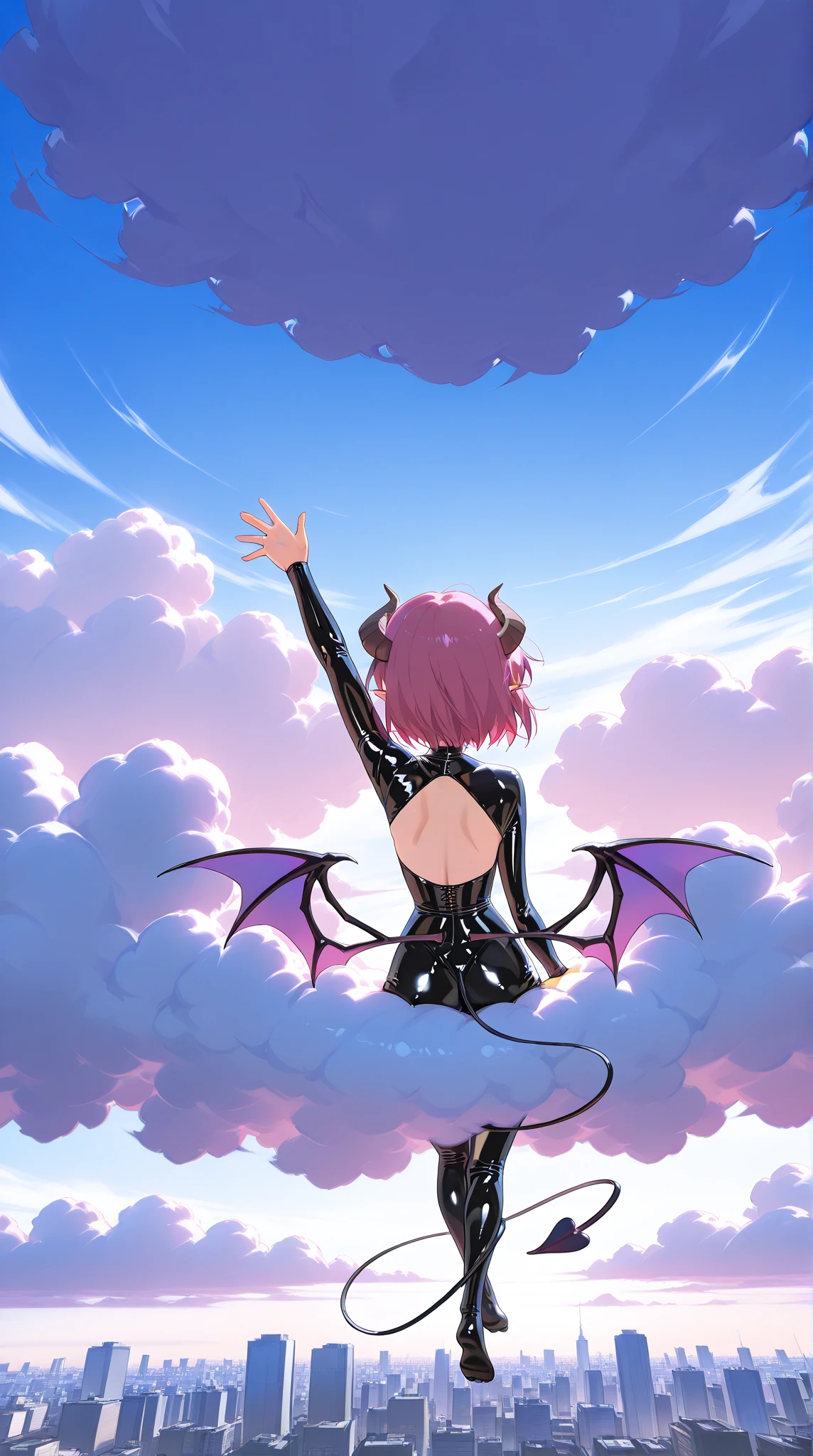 (incredibly high resolution, masterpiece, top quality, highly detailed, CG, high quality anime picture), (one cloud floating in the sky, huge cloud), (a  and glamorous succubus in a latex outfit lying on a cloud, waving towards you, devil's wings), full body image, view from above, view from afar, cityscape seen from above