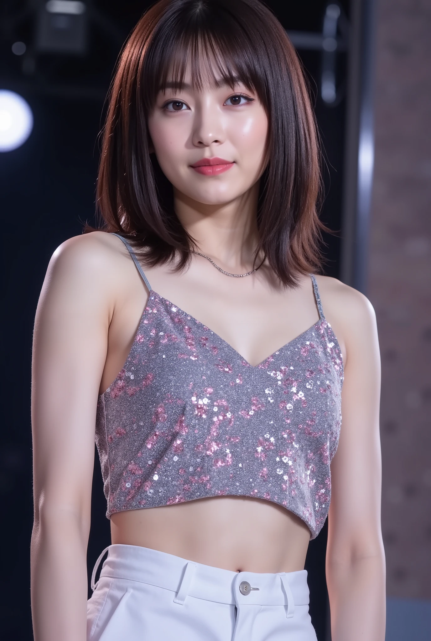 Create a stunning portrait of a beautiful Japanese idol girl. She is wearing a live performance outfit, showcasing her slender figure. Her medium-length hair flows elegantly as she stands confidently on the live stage.