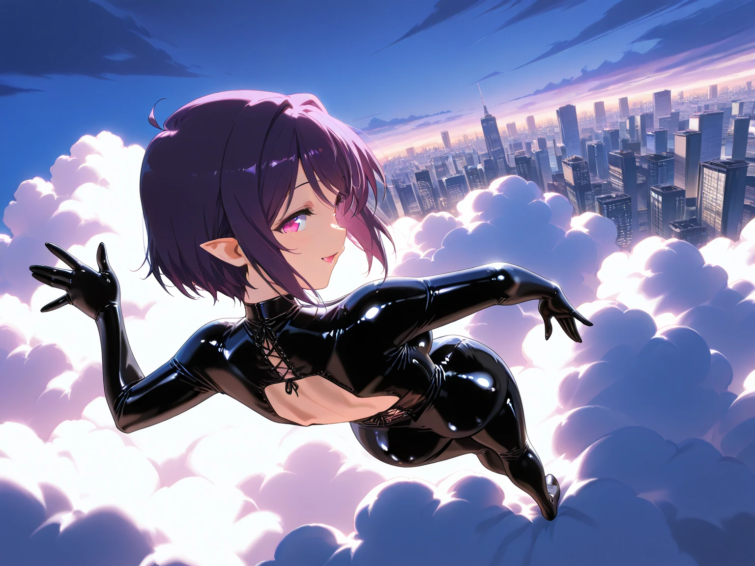 himeno, himeno(Chainsaw Man), 1girl, black hair, short hair, eyepatch, Himeno(Chainsaw Man), solo, seductive smile, Villains, latex purple leotard, purple lips, back shot, from front, handstand, upside-down face, dramatic angle, unique perspective, unique angle, View your audience, Night town, City, skyscraper, Night, Dark, masterpiece, Top animation quality,Top image quality,