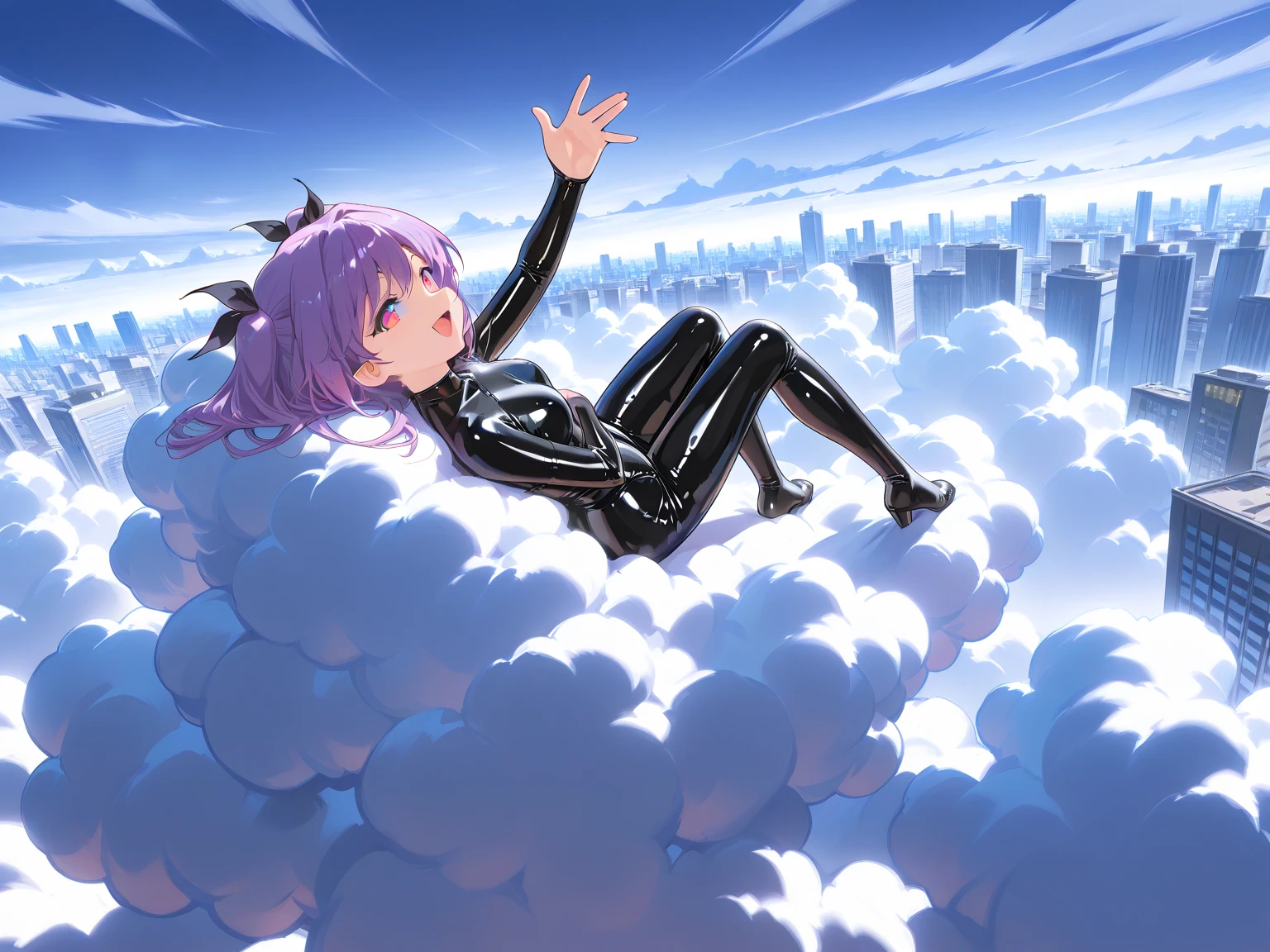 (incredibly high resolution, masterpiece, top quality, highly detailed, CG, high quality anime picture), (one cloud floating in the sky, huge cloud), (a  and glamorous succubus in a latex outfit lying on a cloud, waving towards you, devil's wings), full body image, view from above, view from afar, cityscape seen from above