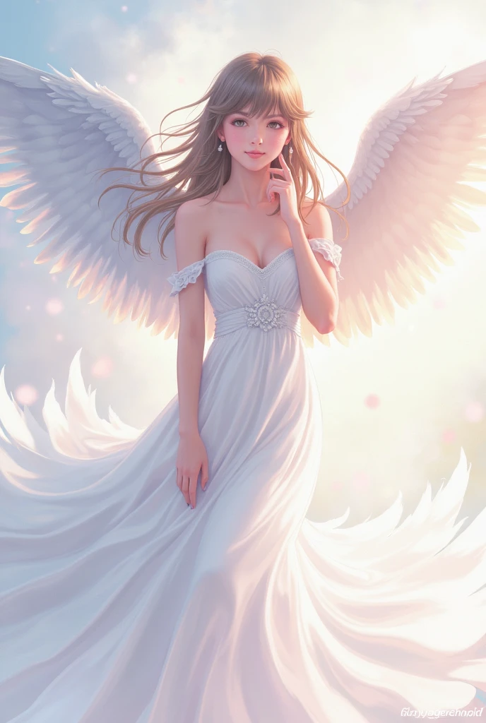 young girl angel, with floating hair, flowing white gown, highly detailed, digital painting, artstation, concept art, smooth, sharp focus, illustration, unreal engine 5, 8k, art by artgerm and greg rutkowski and alphonse mucha