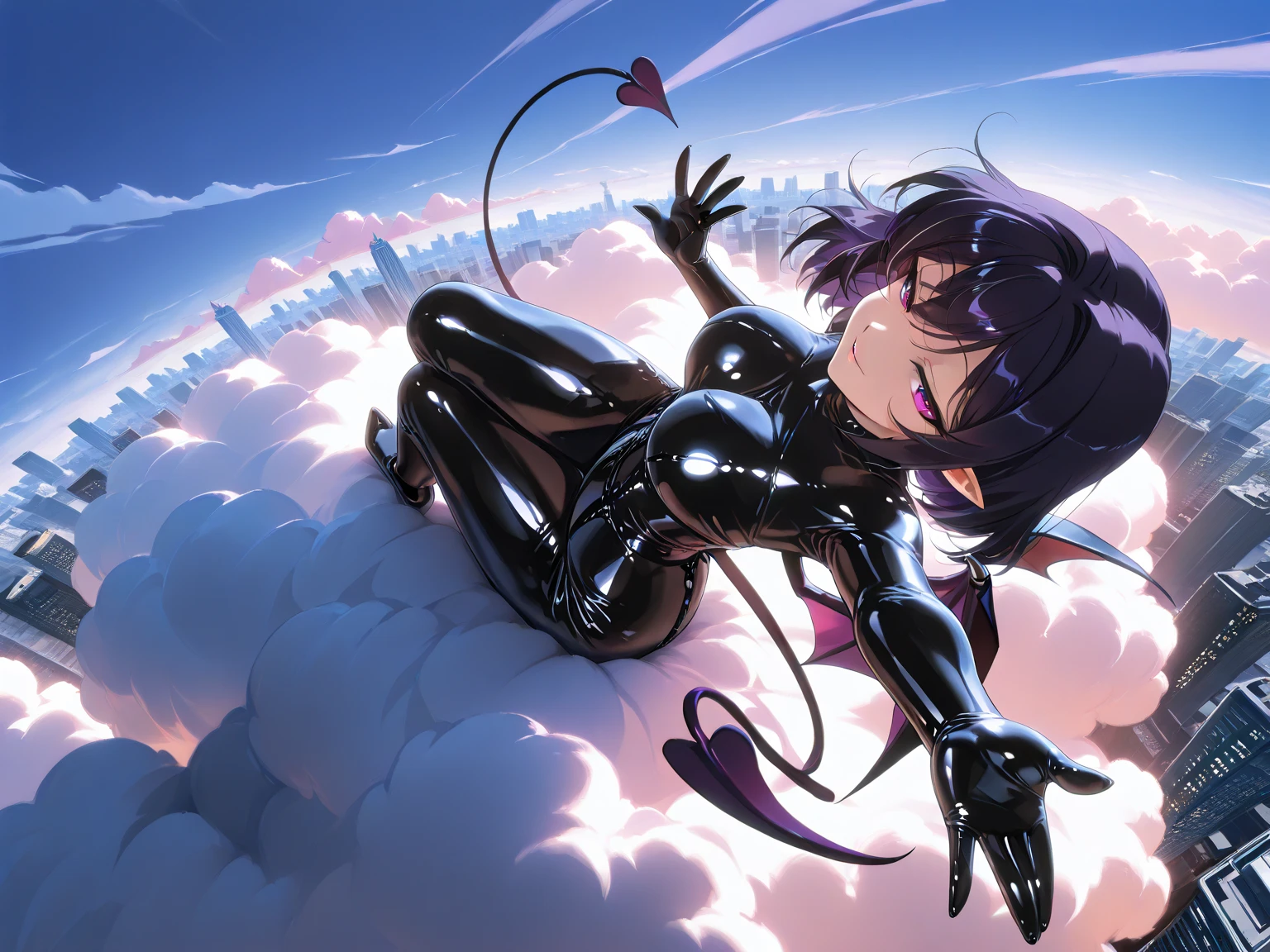 (incredibly high resolution, masterpiece, top quality, highly detailed, CG, high quality anime picture), (one cloud floating in the sky, huge cloud), (a  and glamorous succubus in a latex outfit lying on a cloud, waving towards you, devil's wings), full body image, view from above, view from afar, cityscape seen from above
