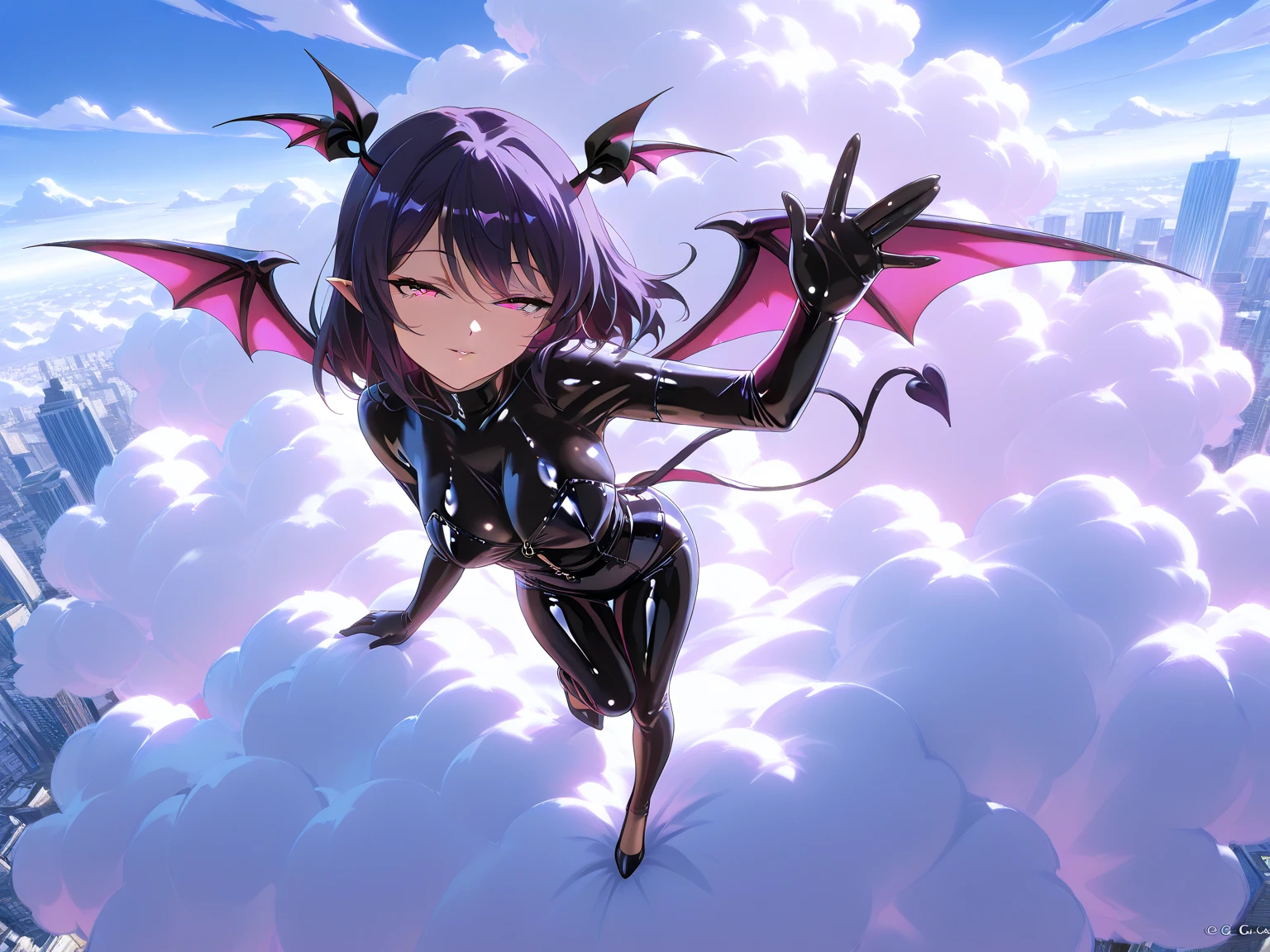 (incredibly high resolution, masterpiece, top quality, highly detailed, CG, high quality anime picture), (one cloud floating in the sky, huge cloud), (a  and glamorous succubus in a latex outfit lying on a cloud, waving towards you, devil's wings), full body image, view from above, view from afar, cityscape seen from above