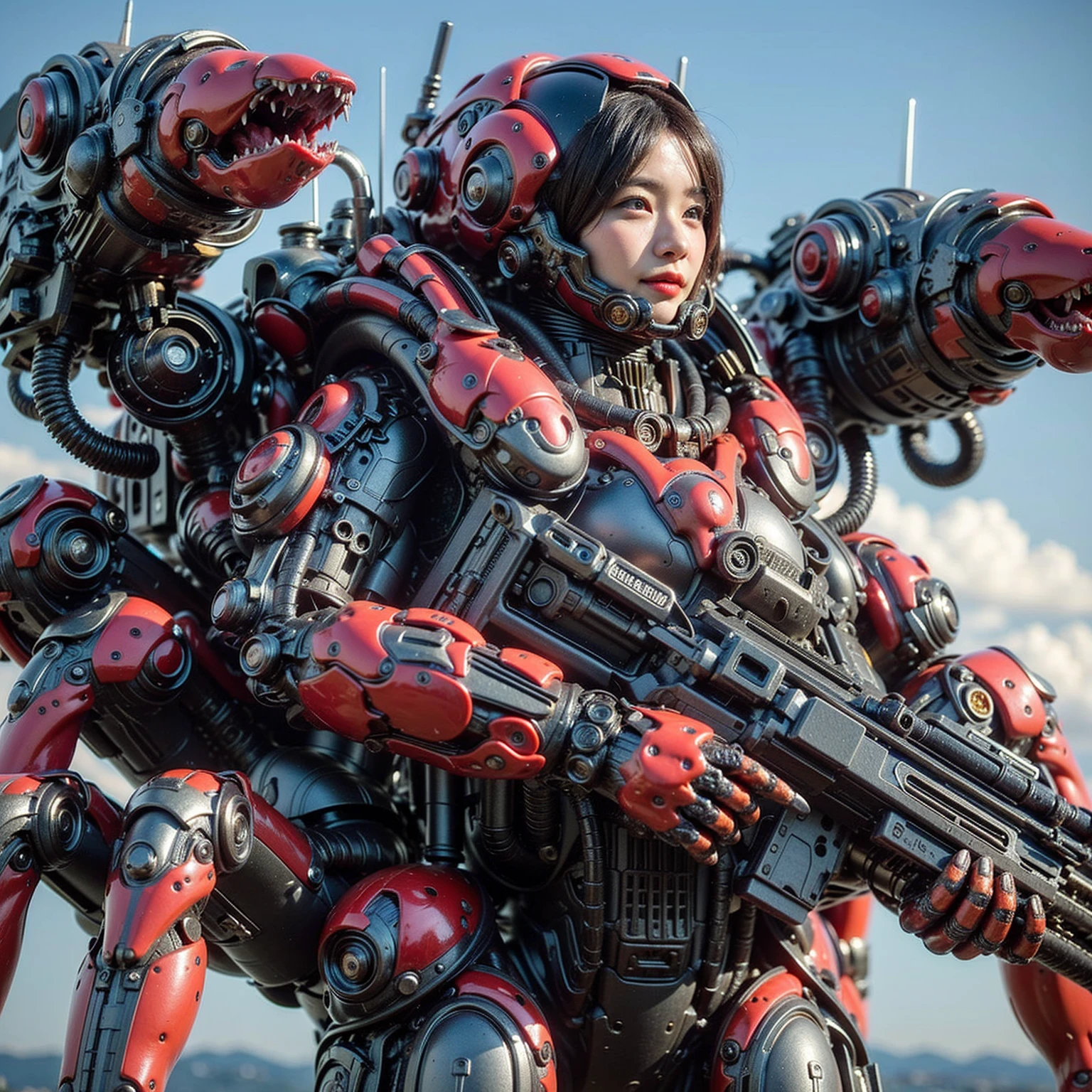 (high resolution,masterpiece,best quality,extremely detailed CG,),(japanese femal soldier), photorealistic, amazing fine details, all intricate, gloss and shiny,awesome many layers, 8k, ultimately realistic face, villainess, (fusion of cockroach and lady:1.4), (cockroach form lady:1.2), (cockroach lady:1.2), (fusion:1.2), (cockroach exoskeleton bio insect armor:1.4), fighting pose, (whole body picture), dystopia with a beautiful view