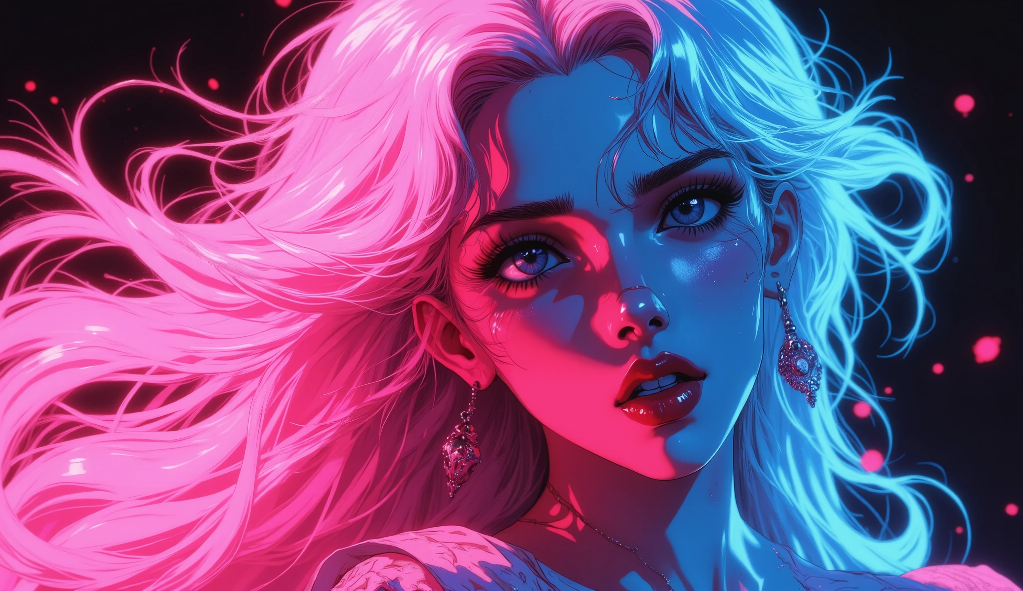 (( RAW photo), absurd, (absurd resolution)), masterpiece, best quality, (Extremely detailed 8k unity CG wallpaper), (best illustration), ( best shade), Realistic lighting, skin complexion detailed and beautiful shine, (( 21 years old)), chica, Long hair with fire pink, flores, Huge blue fire, red lipstick, (((Photographic perspective of her)))