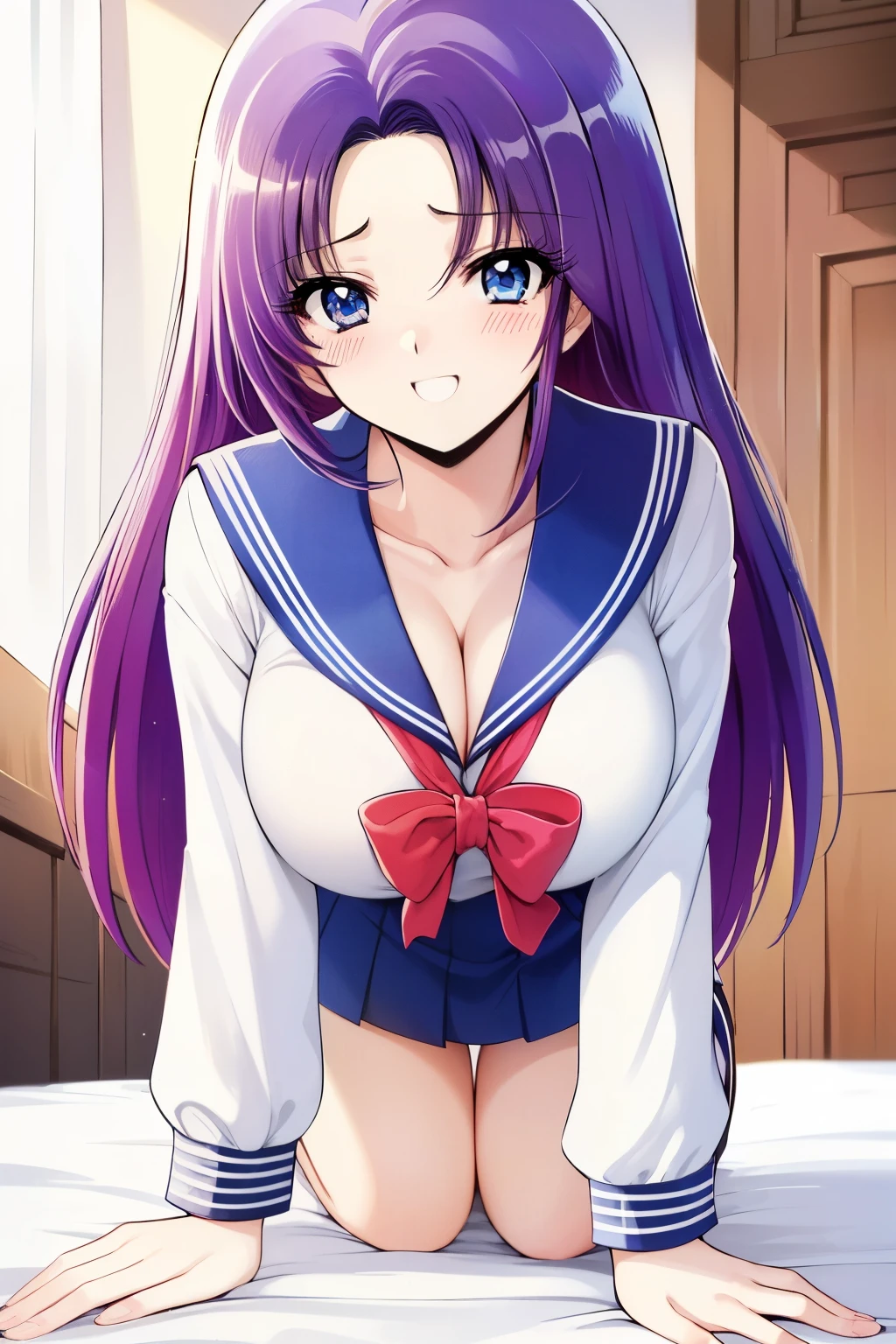 1990s \( style\), 1990s anime cels  style, TOP QUALITY, high definition, (big eyes:1.2), 1 girl, , is embarrassing, smile, (Big Breasts:1.2),full shot,  long hair,  blue eyes, purple hair,  Chest, Right in the chest,(slender),(busty), (,  sailor suit,white blouse,pleated skirts that blow out,  serafuku, Sara Color ,  Long Sleeve , Blue Skirt,super mini skirt,panty with full view,Pastel pink lingerie, string panties,( dark blue socks), (front view:1.3) indoors, bed,blush, sexually aroused expressions,on all fours,Close one eye, wink, angle from the front ,