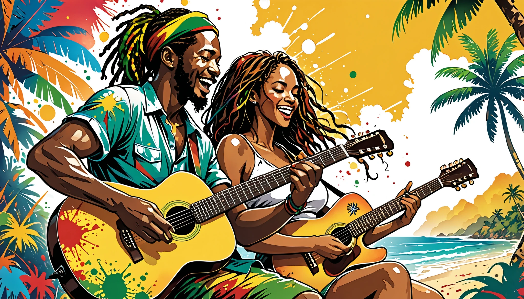 Vector art, Lots of Jamaican Reggae, Authentic Jamaican reggae music atmosphere，Color illustrations, in the center, Vibrant colors, Paint splatters and stains, High detail, Palm tree,Dancing,Man playing guitar in the distance,beach
