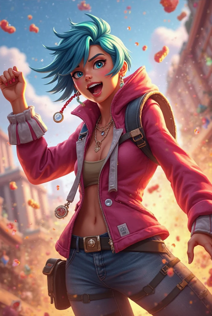 The image is a vibrant digital artwork featuring a female character with pink hair, a white tank top, and black pants, standing confidently on a sunny street with a colorful backdrop.