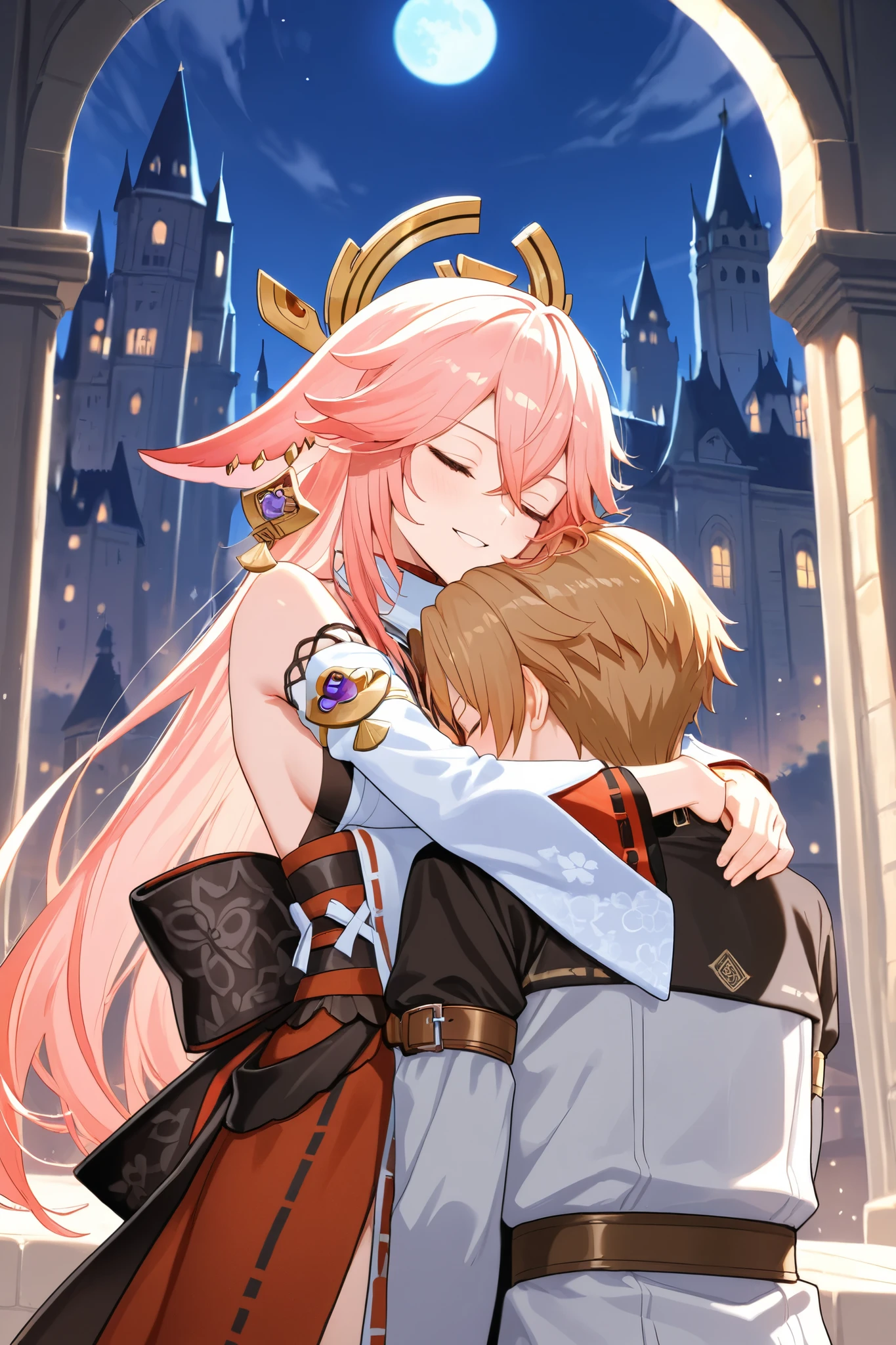 Love couple, Yae Miko and Rudeus Greyrat, hugging each other, castle in background, masterpiece, best quality, High resolution