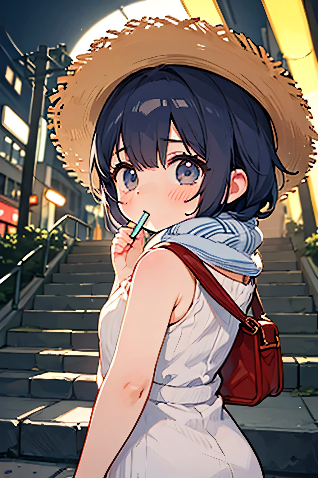 TOP QUALITY、high definition、(HD:1.2)、masterpiece、detailed background、age beauty、(Highly detailed faces:1.3)、 detailed expressions 、(detailed eyes:1.3)、anatomically correct、(Normal number of fingers:1.3)、 Showa retro atmosphere、Nostalgic atmosphere、It looks like a scene from a movie、A retro tram slowly runs through the Showa retro cityscape、The orange light at dusk gently dyes the cobblestones, and the shopping district is illuminated with soft neon lights、The girl wears a softly swaying dress, a cardigan, and wears a small retro pattern bag over her shoulder、holding a yakiimo in a paper bag in her hand and blowing it while feeling hot、When the wind blows through, her straw hat seems to be blown off her and holds her in a hurry、Nostalgic atmosphereの中で静かに時が流れる、rewind the scarf tightly in the cold wind and the girl puts her foot on the steps of the retro bus、I look back and the eyes reflect neon light and I feel nostalgic It has a warm Showa air、cute