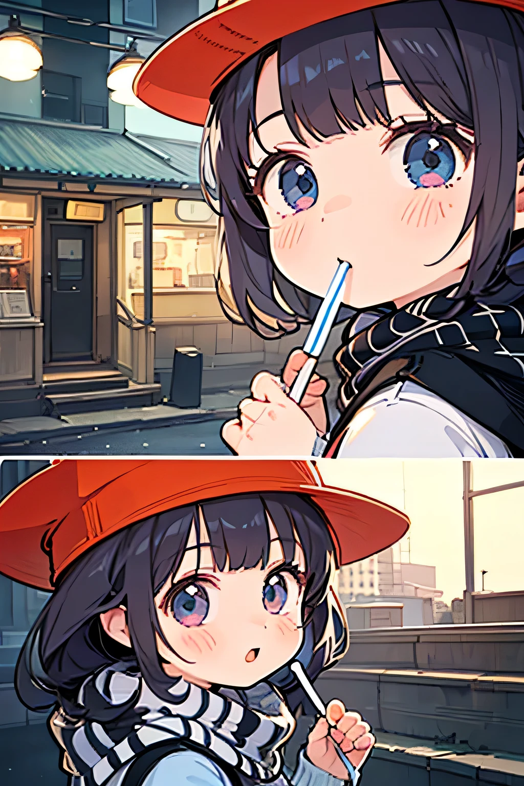 TOP QUALITY、high definition、(HD:1.2)、masterpiece、detailed background、age beauty、(Highly detailed faces:1.3)、 detailed expressions 、(detailed eyes:1.3)、anatomically correct、(Normal number of fingers:1.3)、 Showa retro atmosphere、Nostalgic atmosphere、It looks like a scene from a movie、A retro tram slowly runs through the Showa retro cityscape、The orange light at dusk gently dyes the cobblestones, and the shopping district is illuminated with soft neon lights、The girl wears a softly swaying dress, a cardigan, and wears a small retro pattern bag over her shoulder、holding a yakiimo in a paper bag in her hand and blowing it while feeling hot、When the wind blows through, her straw hat seems to be blown off her and holds her in a hurry、Nostalgic atmosphereの中で静かに時が流れる、rewind the scarf tightly in the cold wind and the girl puts her foot on the steps of the retro bus、I look back and the eyes reflect neon light and I feel nostalgic It has a warm Showa air、cute