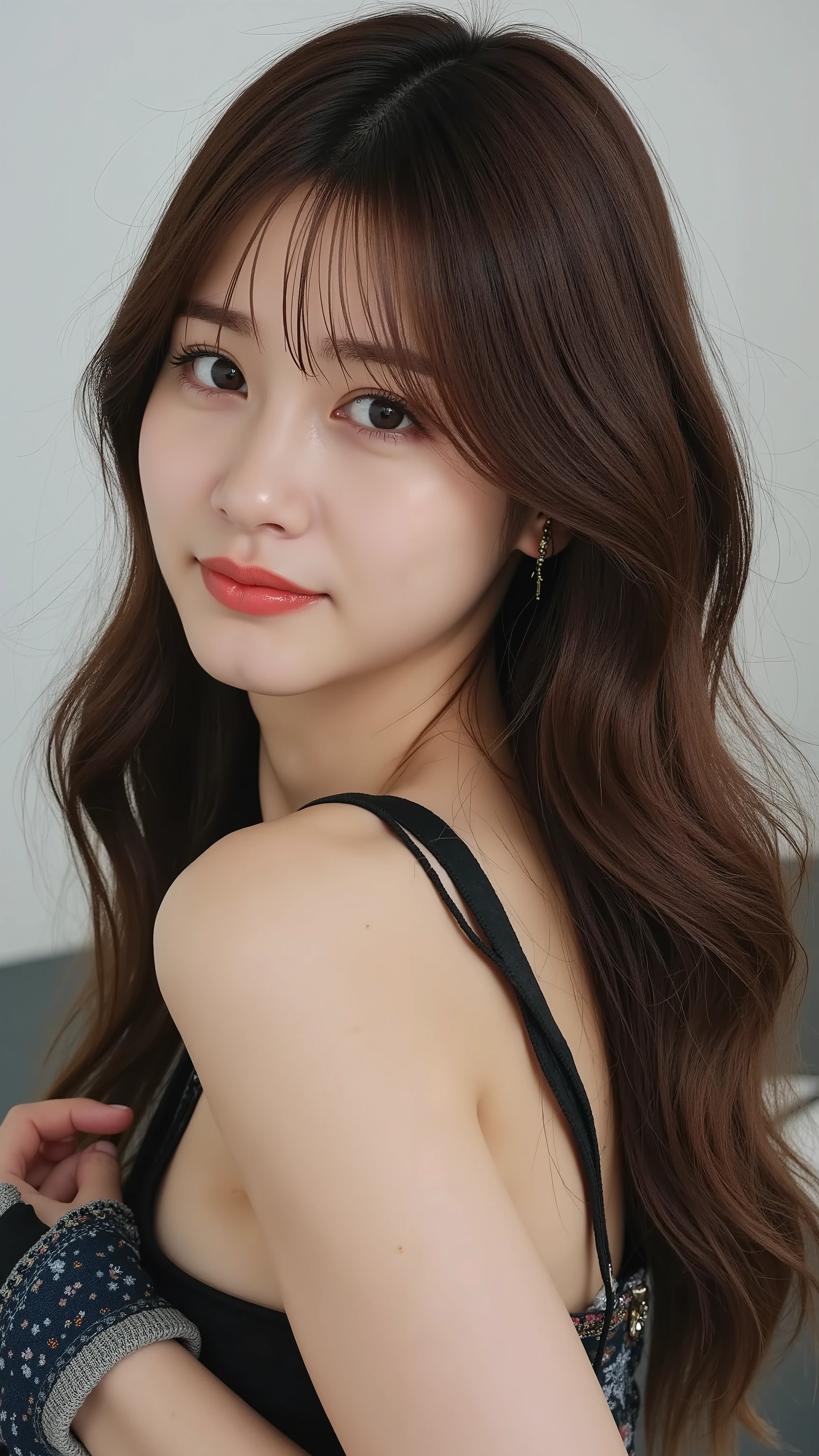 Araffe asian woman with long brown hair and a black top - SeaArt AI