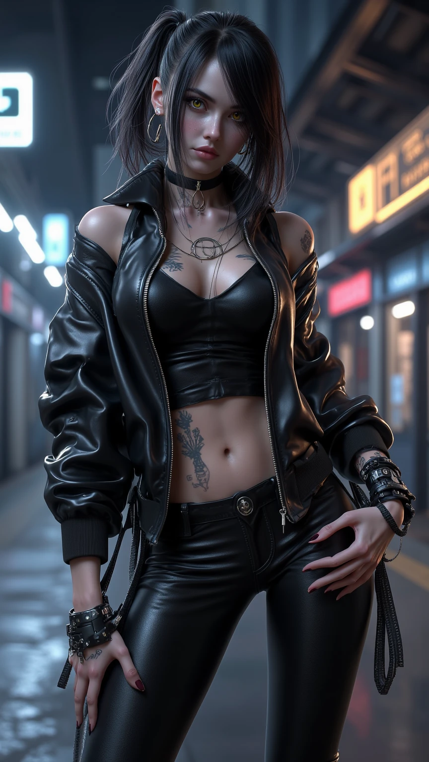 (masterpiece), (extremely intricate:1.3), (realistic), female, 19 years old, ((([small breasts:large breasts:0.8], long curly [dark hair:bright ginger hair:0.7], solo, 1girl, (smiling black lipstick, (bodybuilder, abdominals, cyberpunk street))))), metal reflections, outdoor, intense sunlight, golden hour, professional photograph of a stunning girl detailed, sharp focus, dramatic, award winning, cinematic lighting, volumetrics dtx, (film grain, blurry background, blurry foreground, bokeh, depth of field, interaction), 8K, ((smirking, (green eyes, dark eye makeup))), ((body tattoo: 1.2)), ((fujicolor, god rays)) BREAK; BREAK (((black leather jacket, leather pants, loose white t-shirt), hyperrealistic, absurdres))