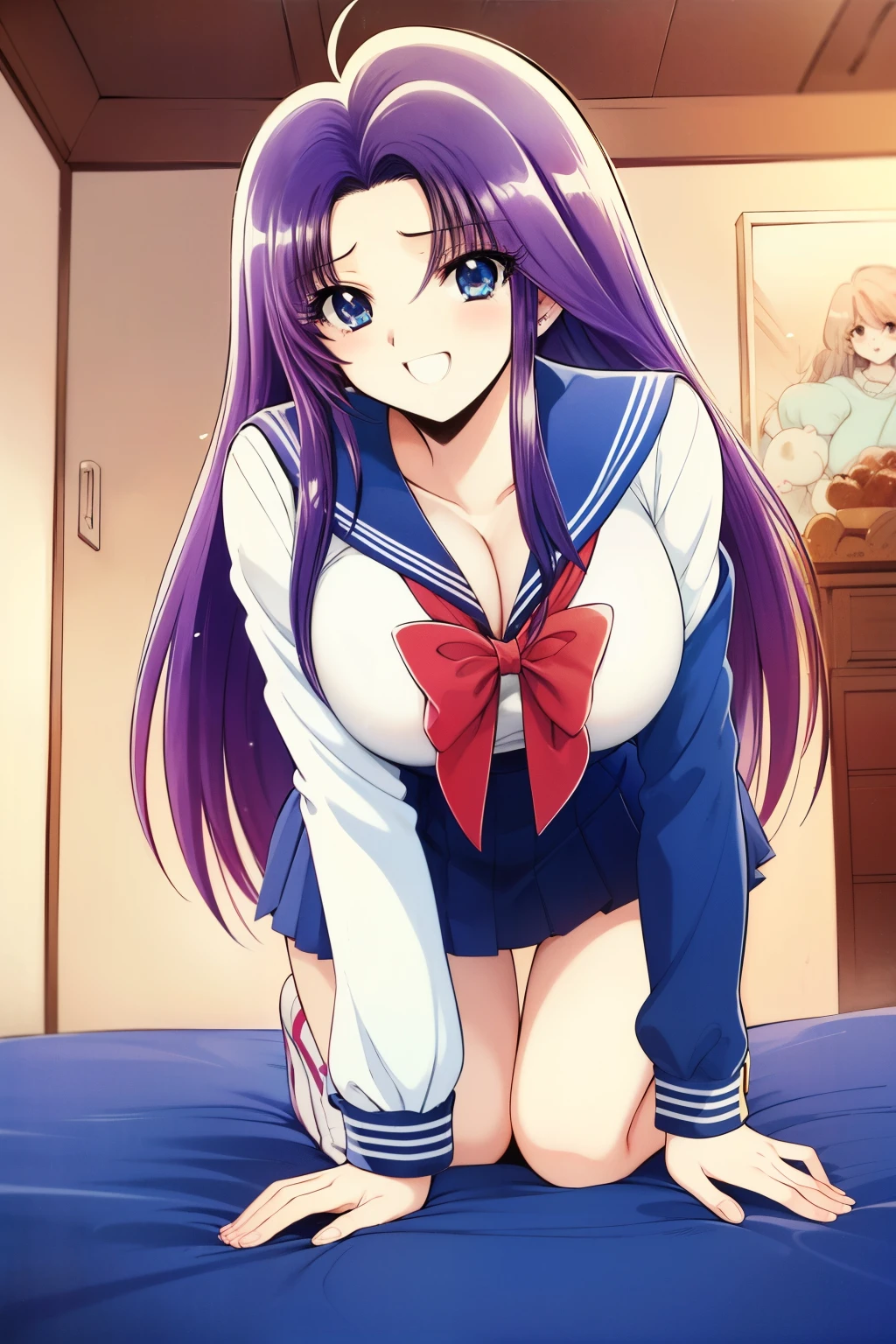 1990s \( style\), 1990s anime cels style, TOP QUALITY, high definition, (big eyes:1.2), 1 girl, , is embarrassing, smile, (Big Breasts:1.2),full shot, long hair, blue eyes, purple hair, Chest, Right in the chest,(slender),(busty), (, sailor suit,white blouse,pleated skirts that blow out, serafuku, Sara Color , Long Sleeve , Blue Skirt,super mini skirt,panty with full view,Pastel pink lingerie, string panties,( dark blue socks), (front view:1.3) indoors, bed,blush, sexually aroused expressions,on all fours,Close one eye, wink, angle from the front ,foot in hand