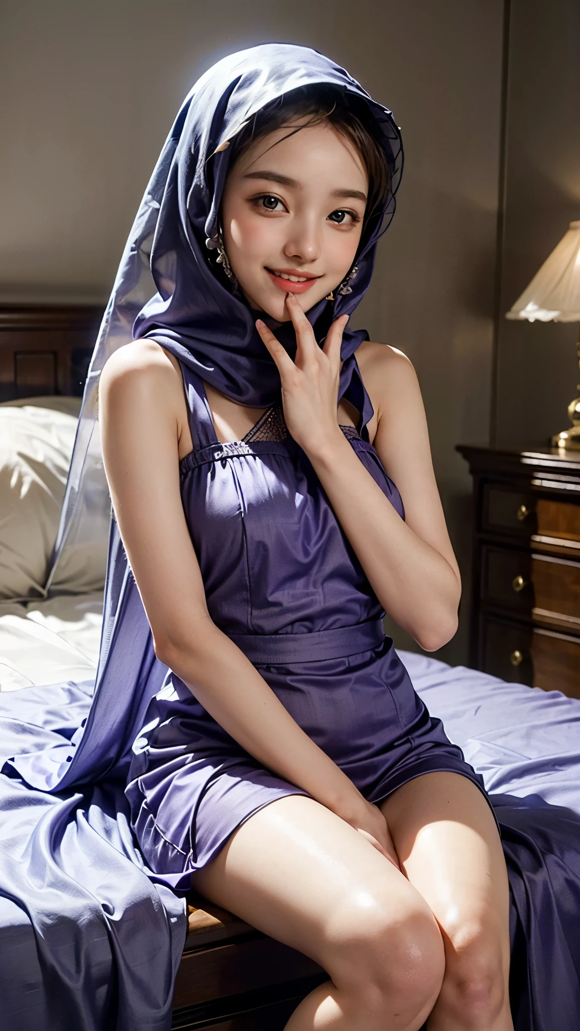high quality, high resolution, high quality, best quality, 4k, 8k, 15 years young, mature Indonesian hijab woman, lace robe, pot belly, slim, sitting on the bed, with a white modern hotel bedroom background, proportional body, mature Indonesian woman,